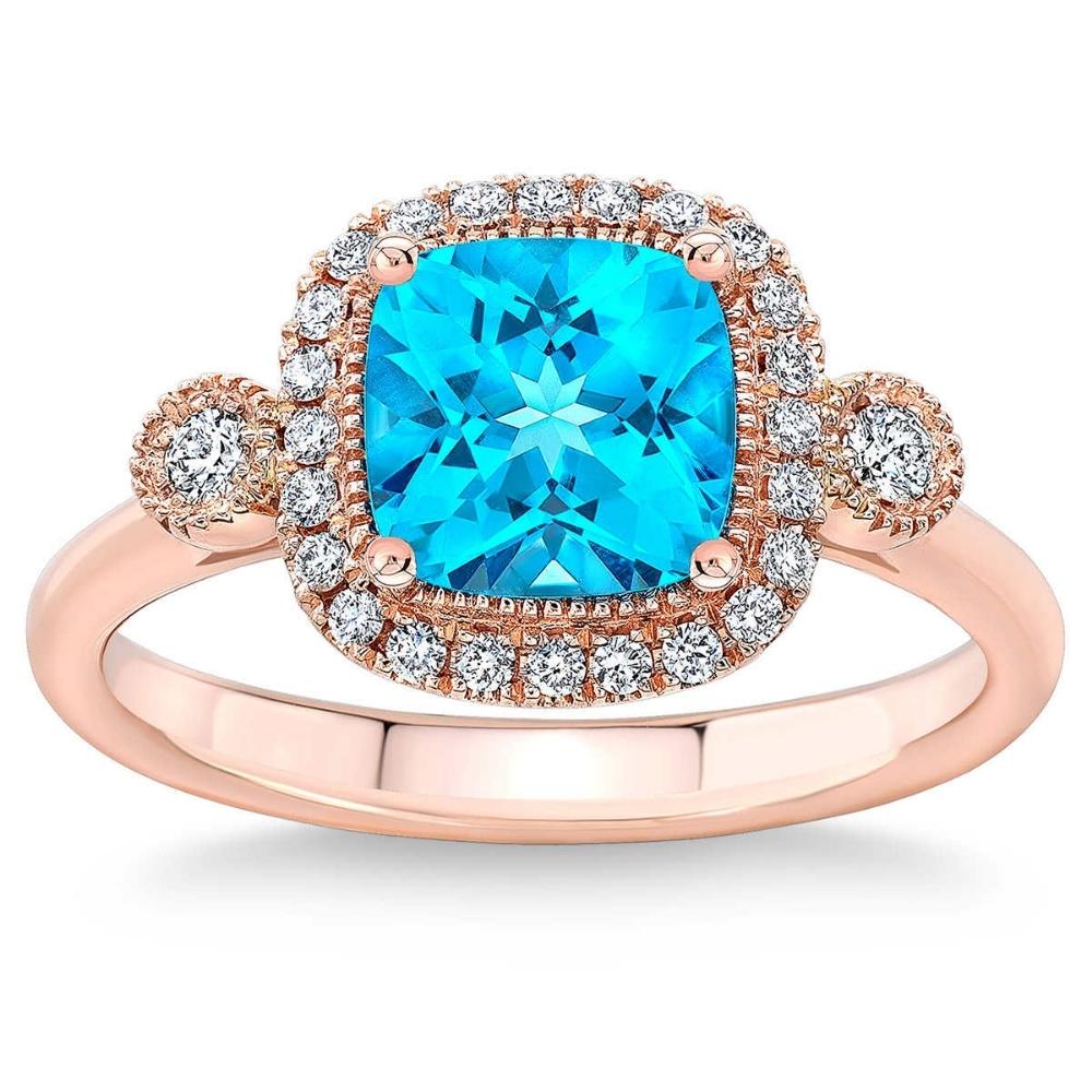 2 ct TW Blue Cushion Topaz & Diamond Halo Engagement Ring in 14k Rose Gold