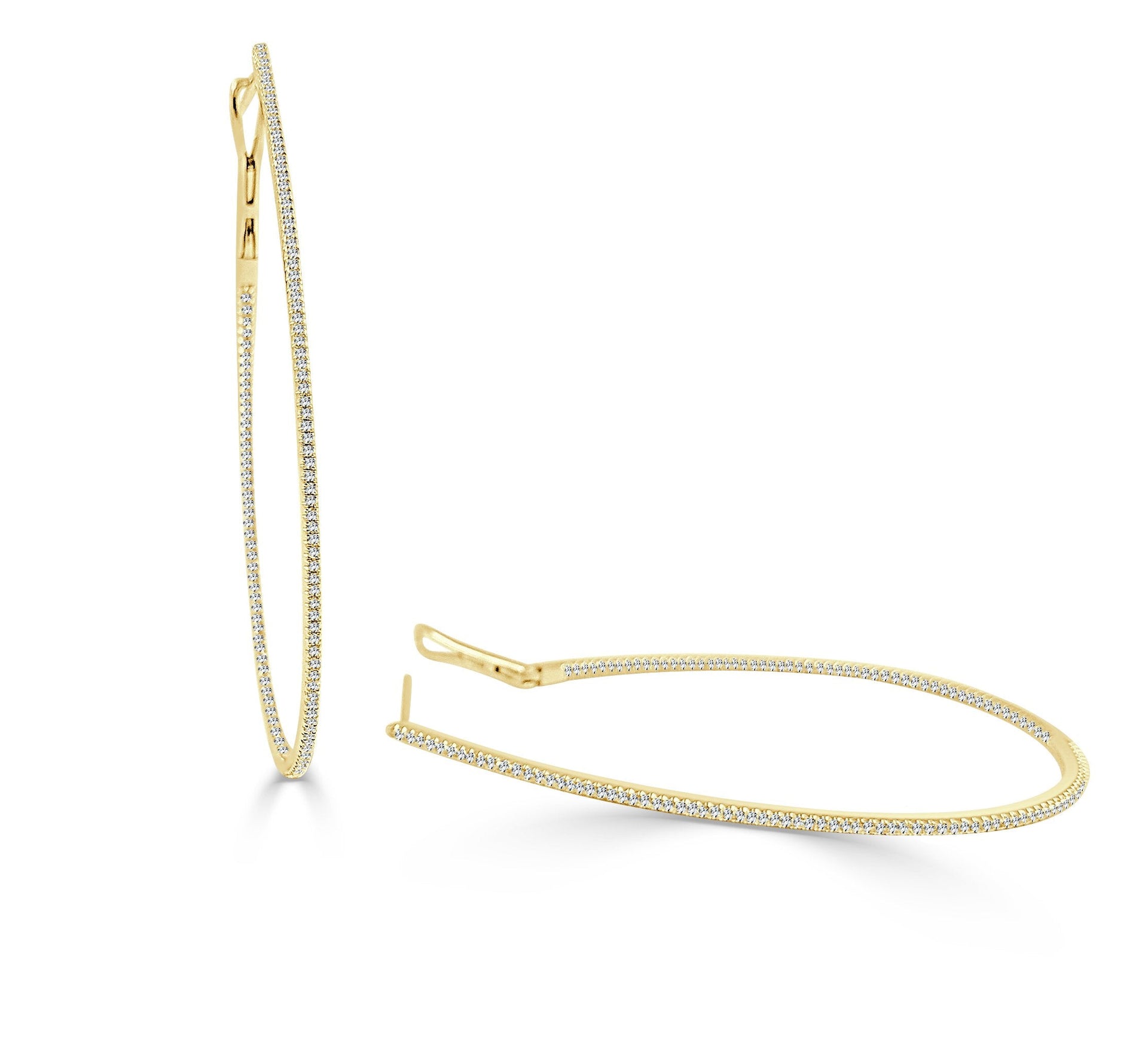 14k Gold & Diamond Skinny Hoop Earrings 2-1/2'