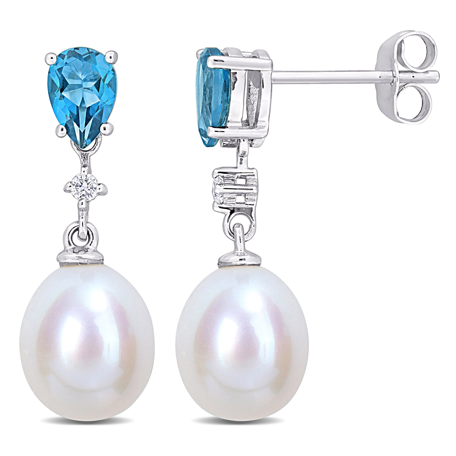 8-8.5mm Cultured Freshwater Pearl 1ct TW Pear-Cut London Blue Topaz and Diamond Accent Drop Earrings in 10k White Gold