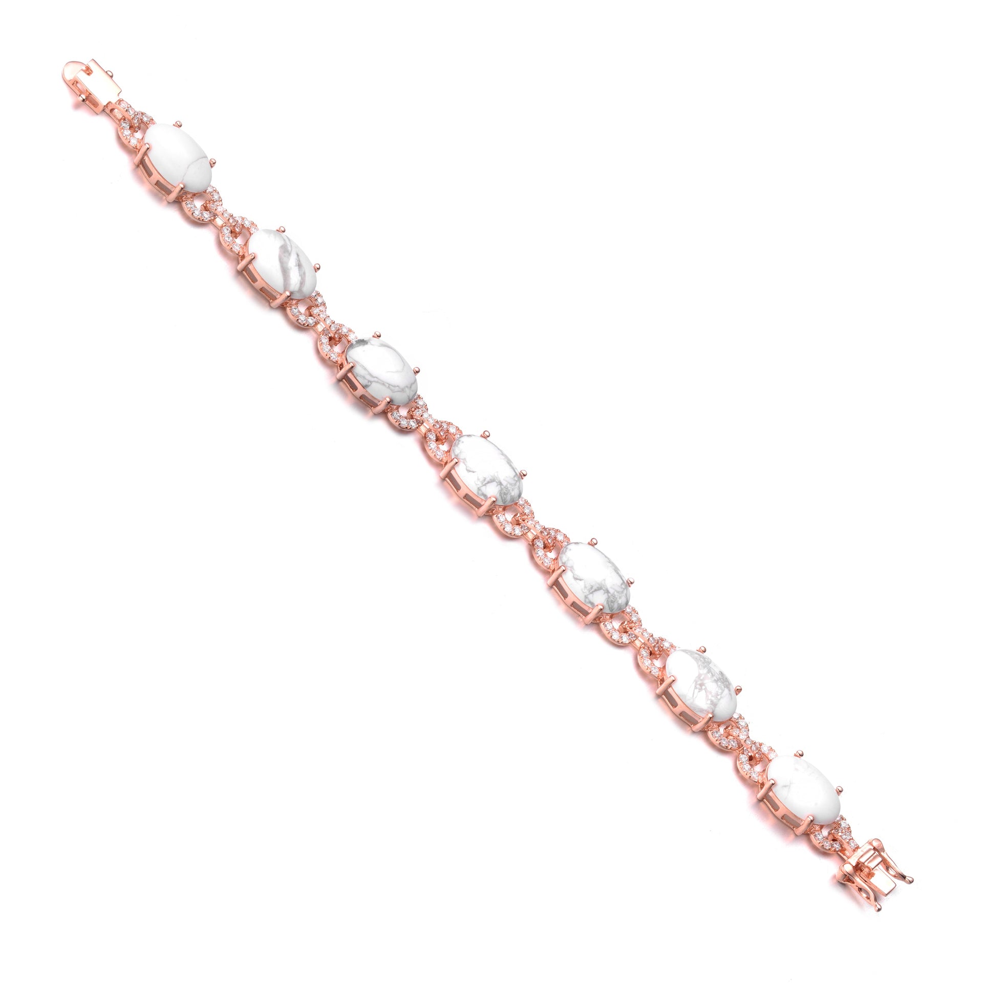 Sterling Silver Rose Gold Plated Howlite and Cubic Zirconia Link Bracelet