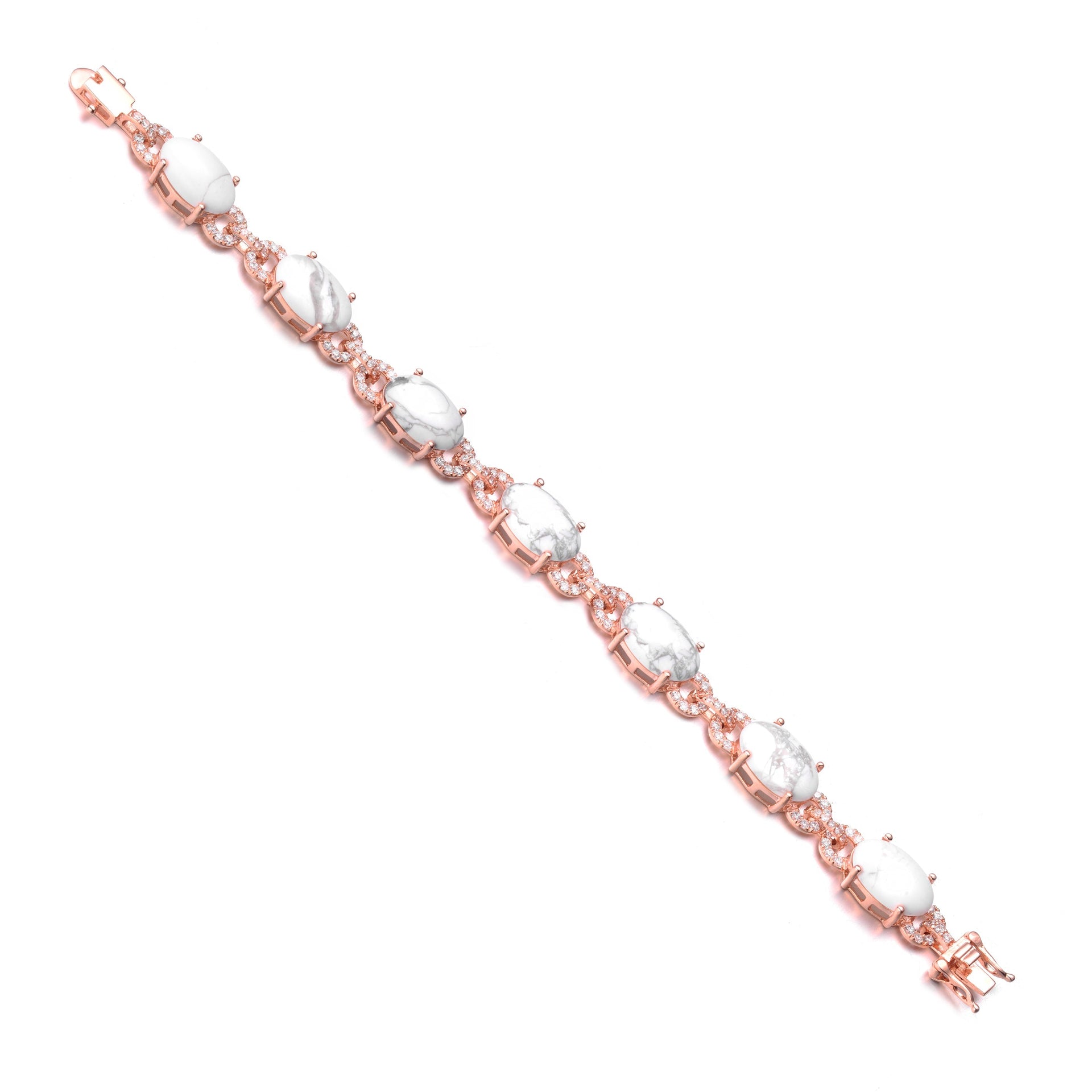 Sterling Silver Rose Gold Plated Howlite and Cubic Zirconia Link Bracelet