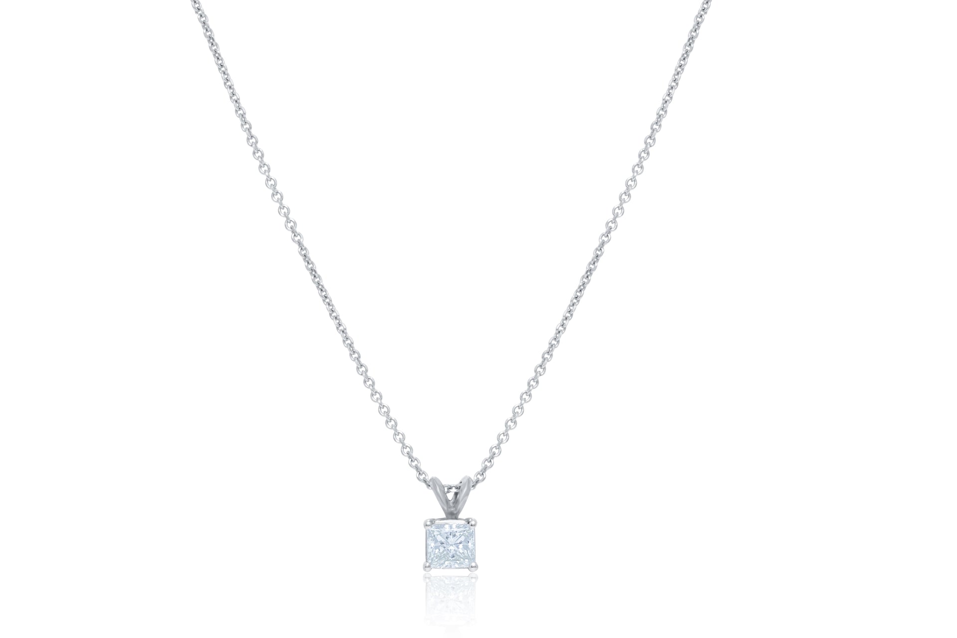 14kt white gold solitaire diamond pendant featuring 0.84 ct clarity enhanced princess cut diamond