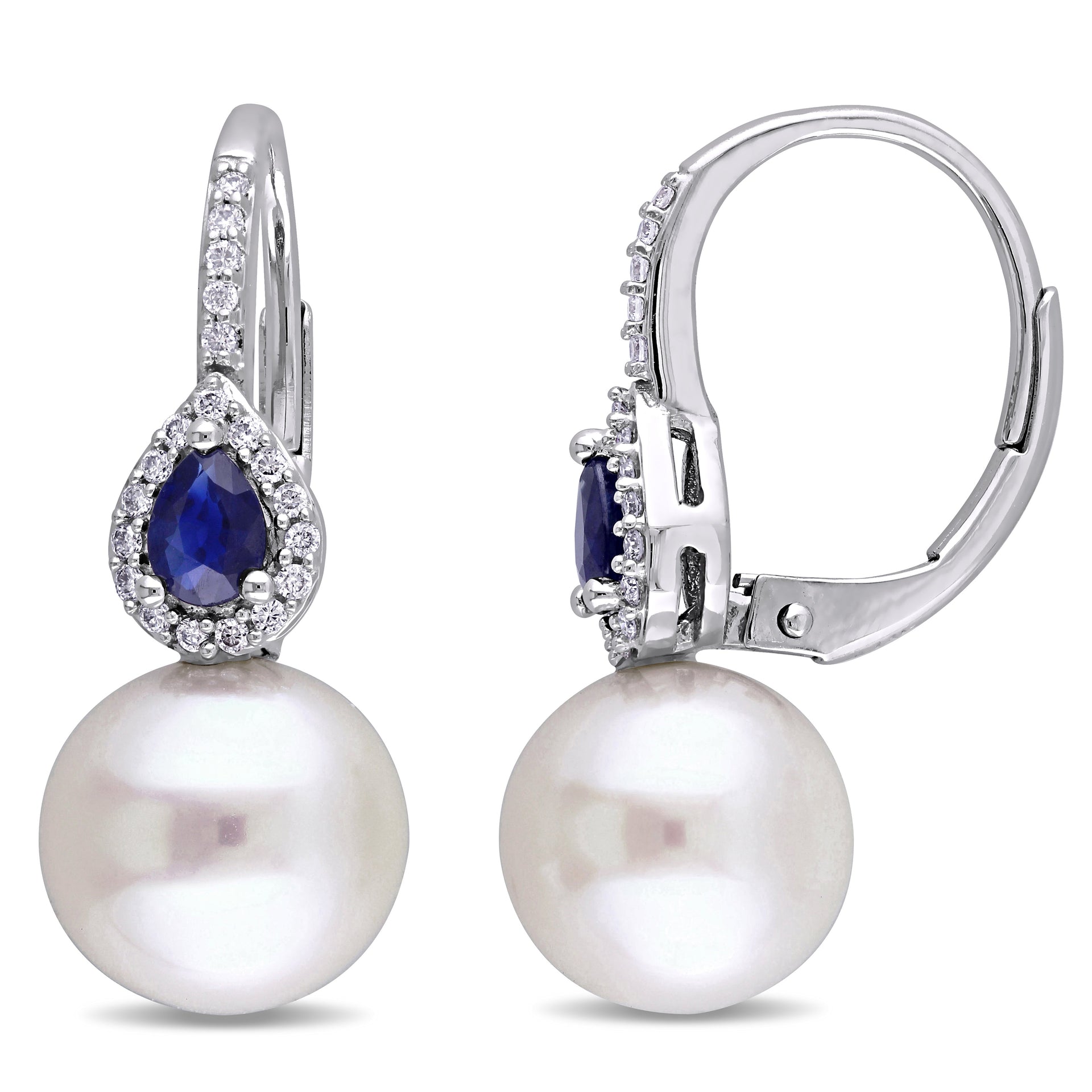 9-9.5mm Cultured Freshwater Pearl, 1/8 ct TW Diamond and Sapphire Earrings in 14k White Gold