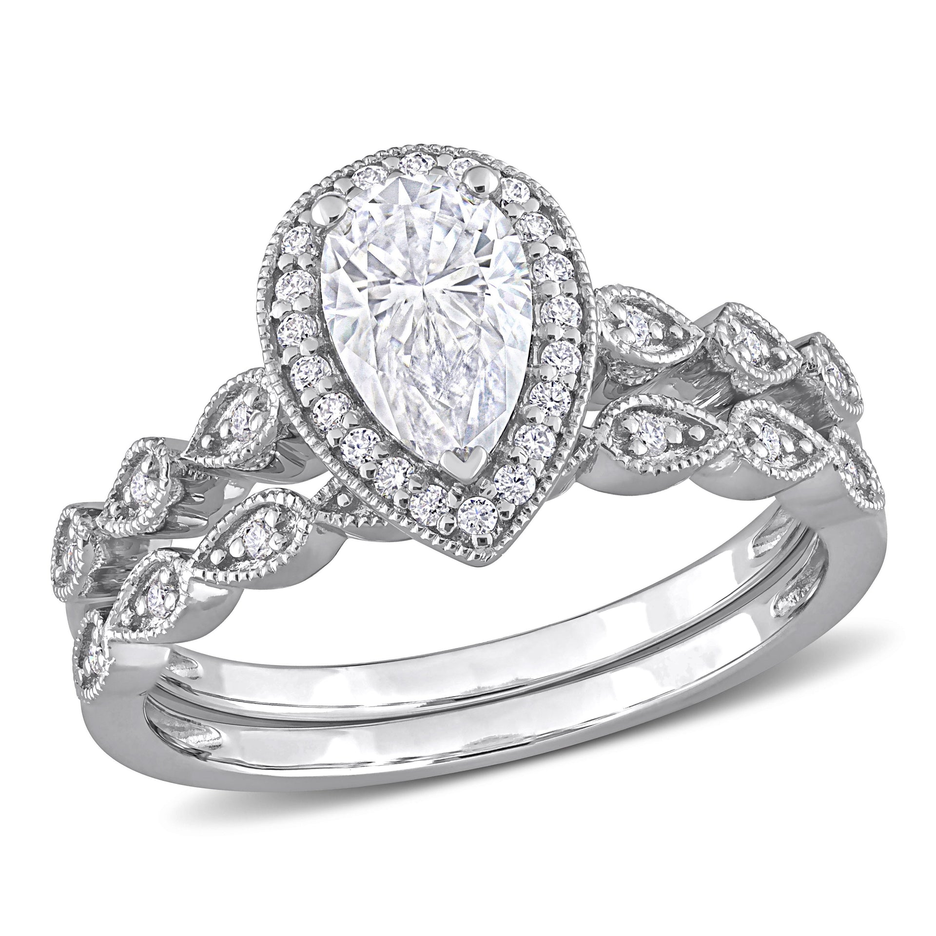 1 1/6 ct DEW Created Moissanite Teardrop Halo Bridal Ring Set in Sterling Silver