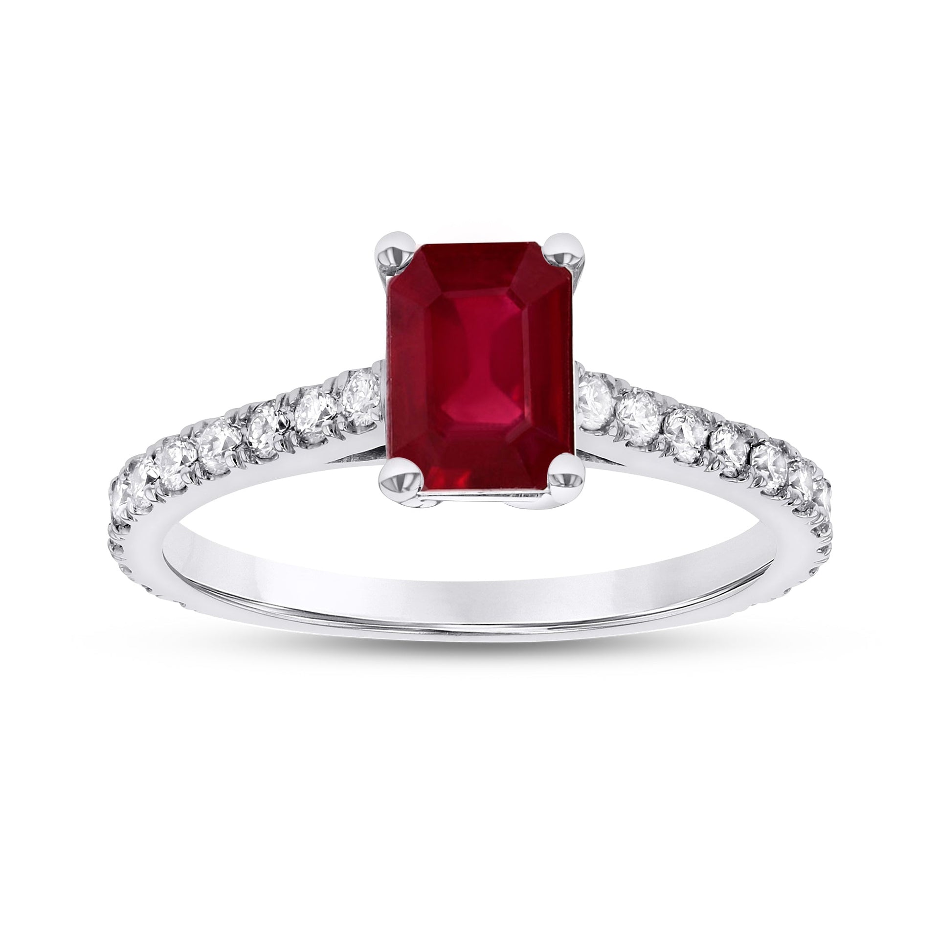 0.36ctw Diamond and Emerald Cut Ruby Engagement Ring in 14k White Gold