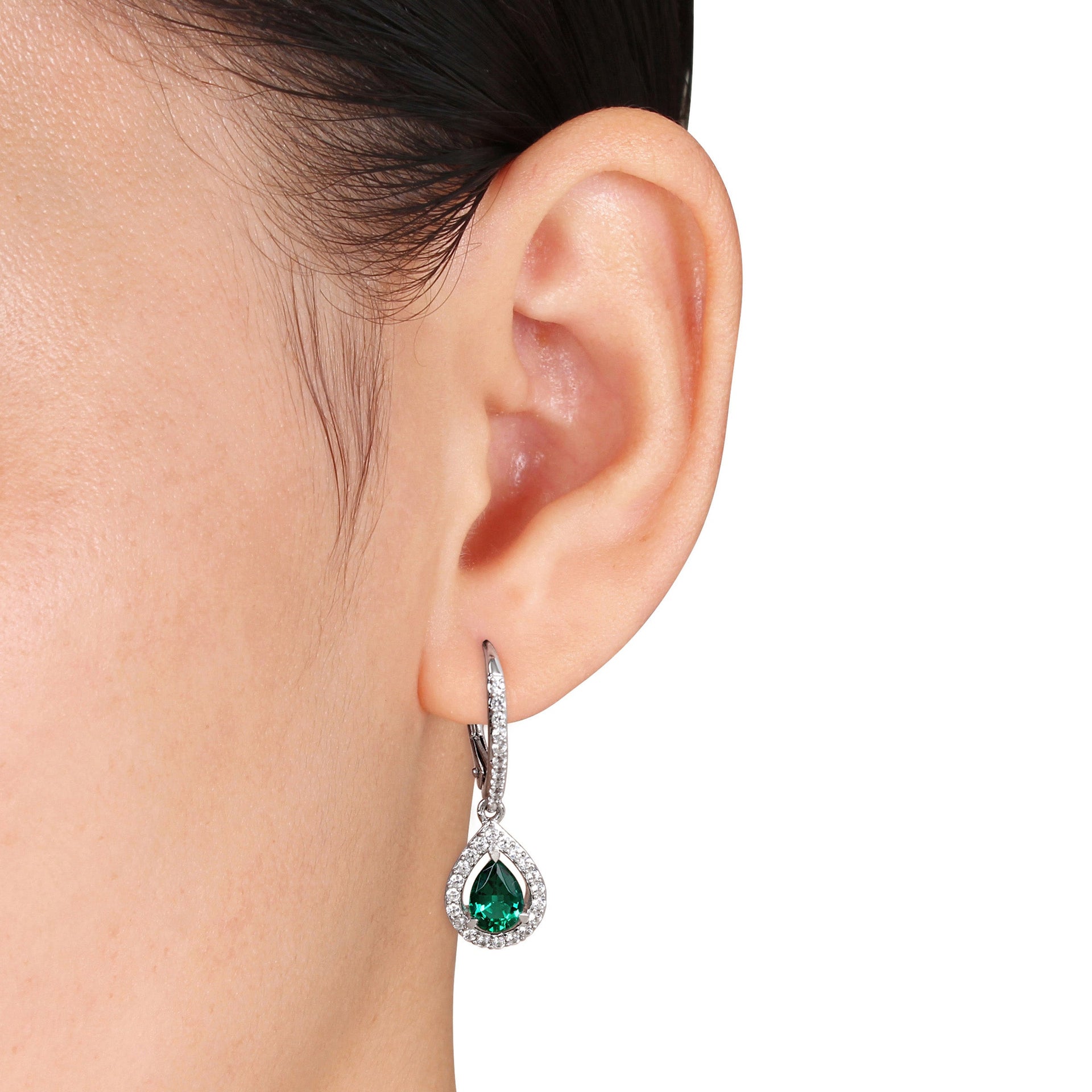Mimi & Max Women's 1 7/8ct TGW Created Emerald and White Sapphire Teardrop Leverback Earrings in Sterling Silver