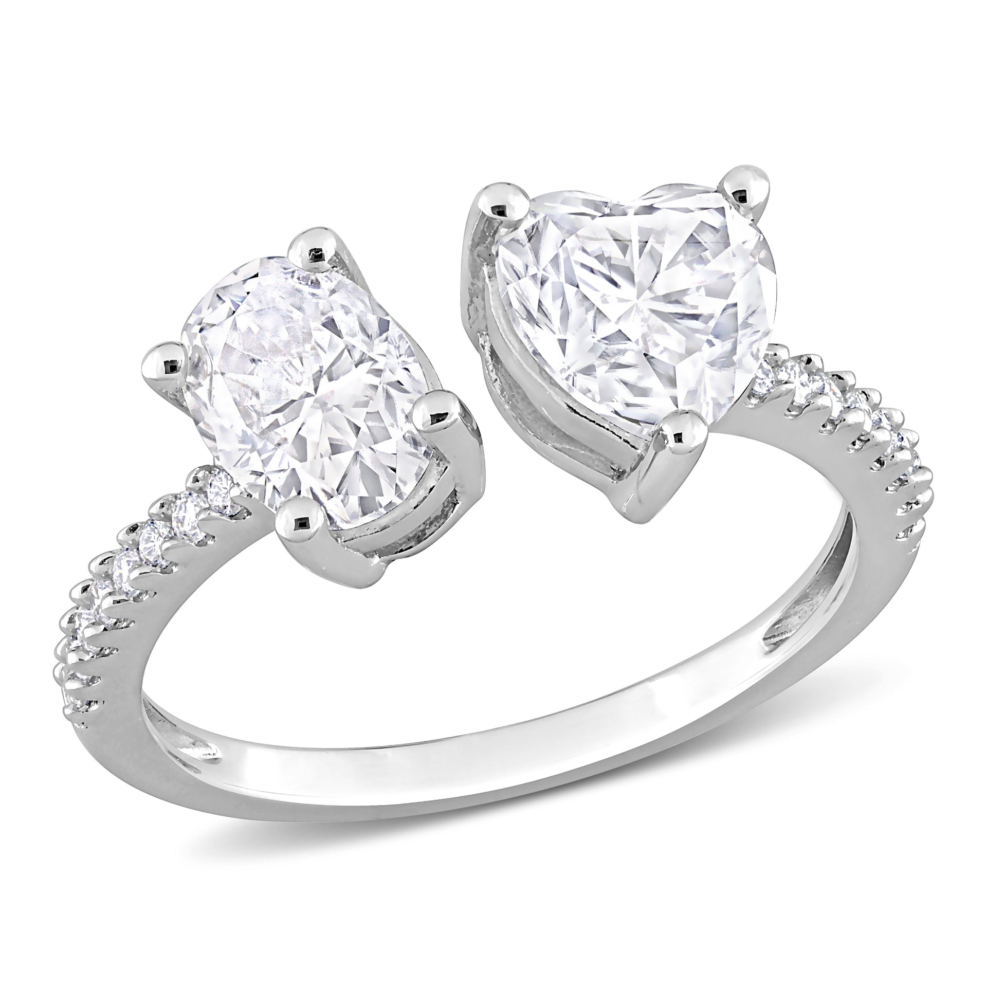 2 1/8 CT TGW Oval and Heart-Shape Created Moissanite Two Stone Ring in Sterling Silver