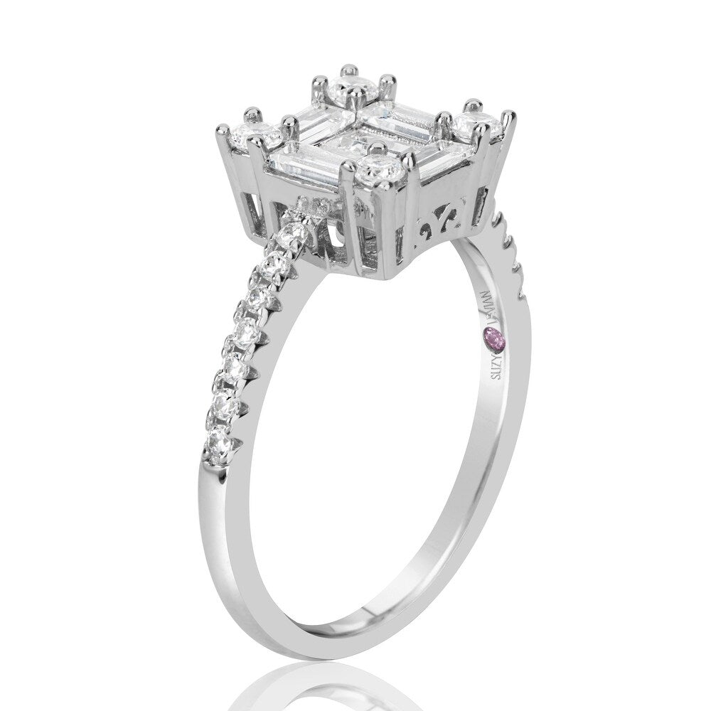 Suzy Levian Sterling Silver Bagguette and Round Cut Cluster Cubic Zirconia Bridal Engagement Ring