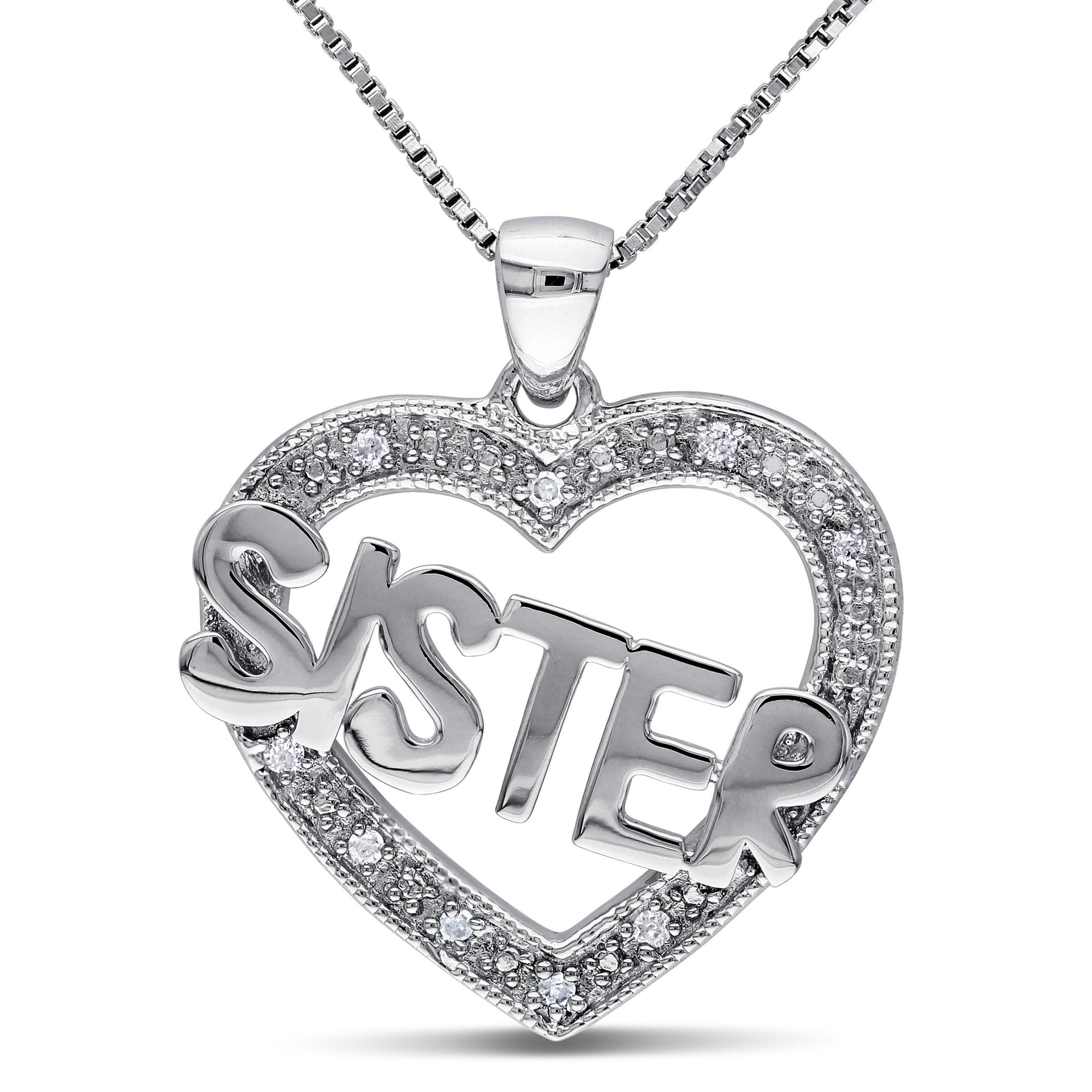 Diamond Heart 'Sister' Necklace in Sterling Silver