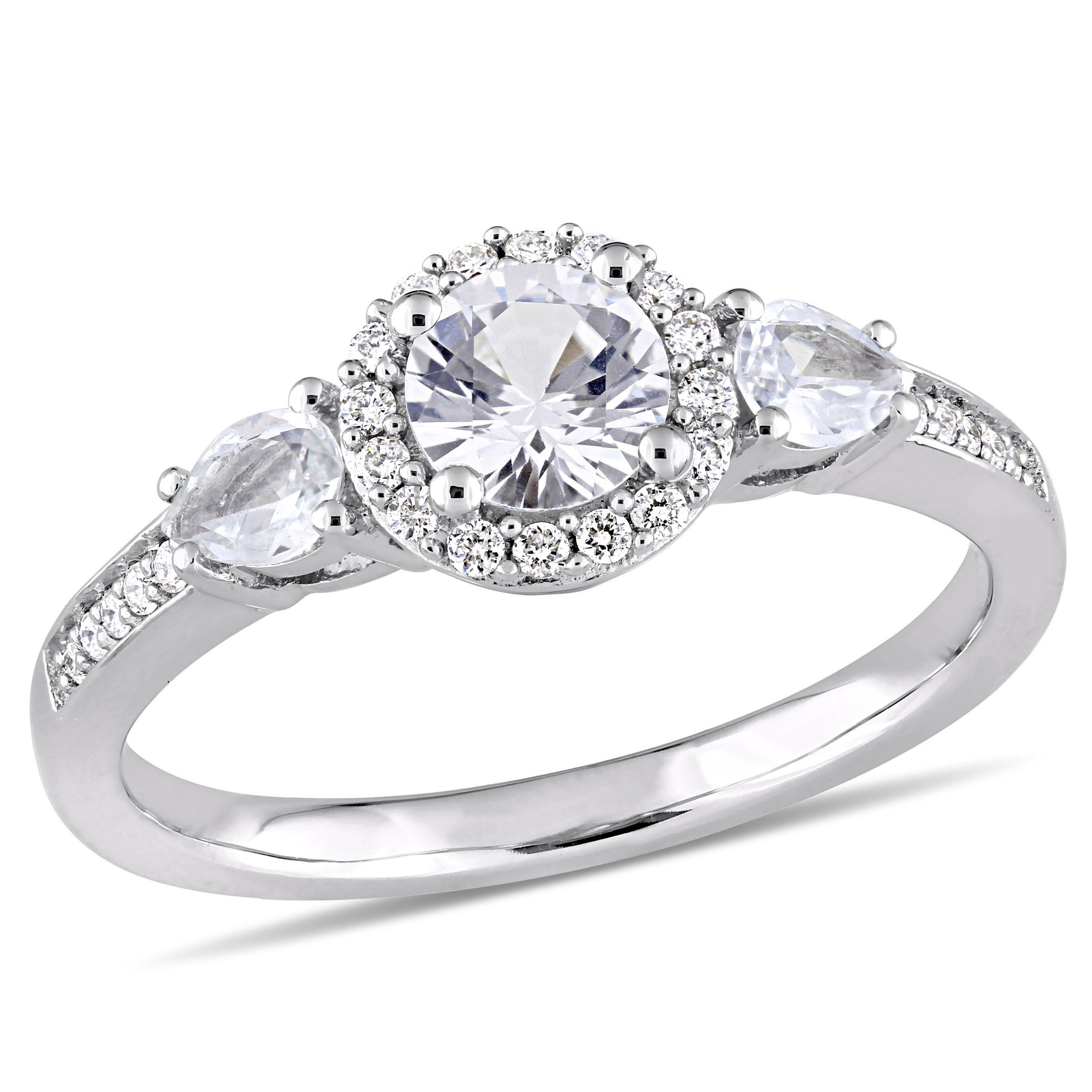 1ct TW Round and Pear-Cut White Sapphire and 1/8 ct TW Diamond 3-Stone Halo Ring in 14k White Gold
