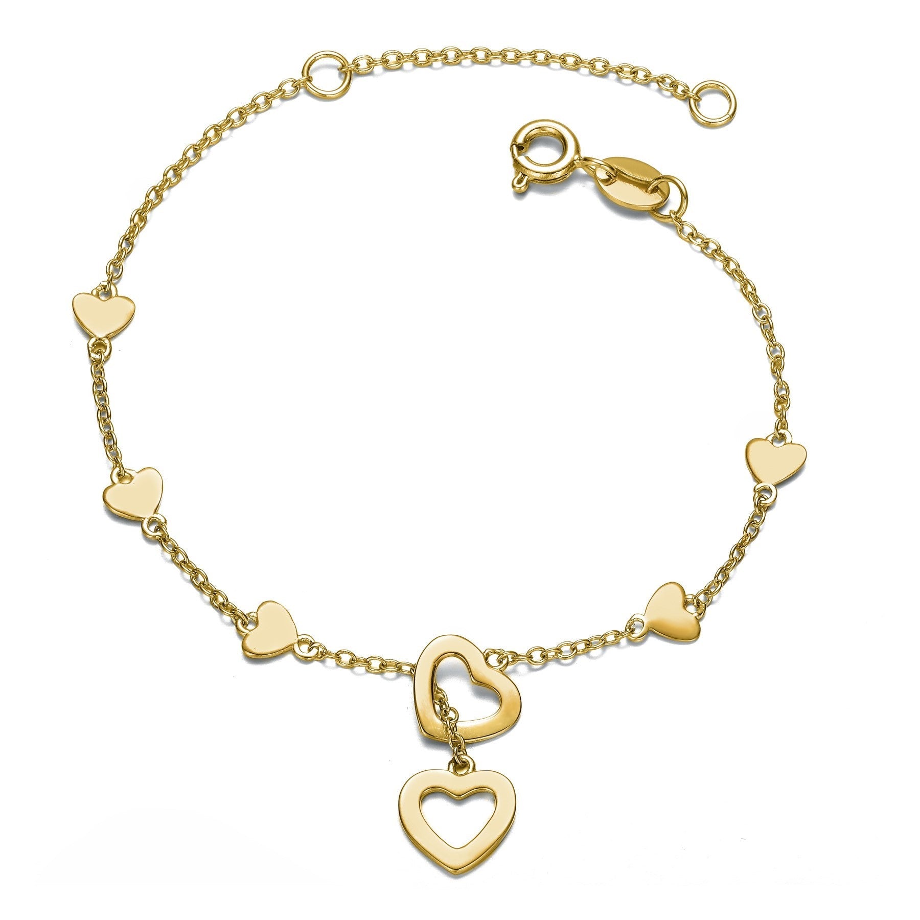 RG Childern/Teen 14k Gold Plated Double Halo Heart Dangle Charm Station Bracelet, Adjustable in Length