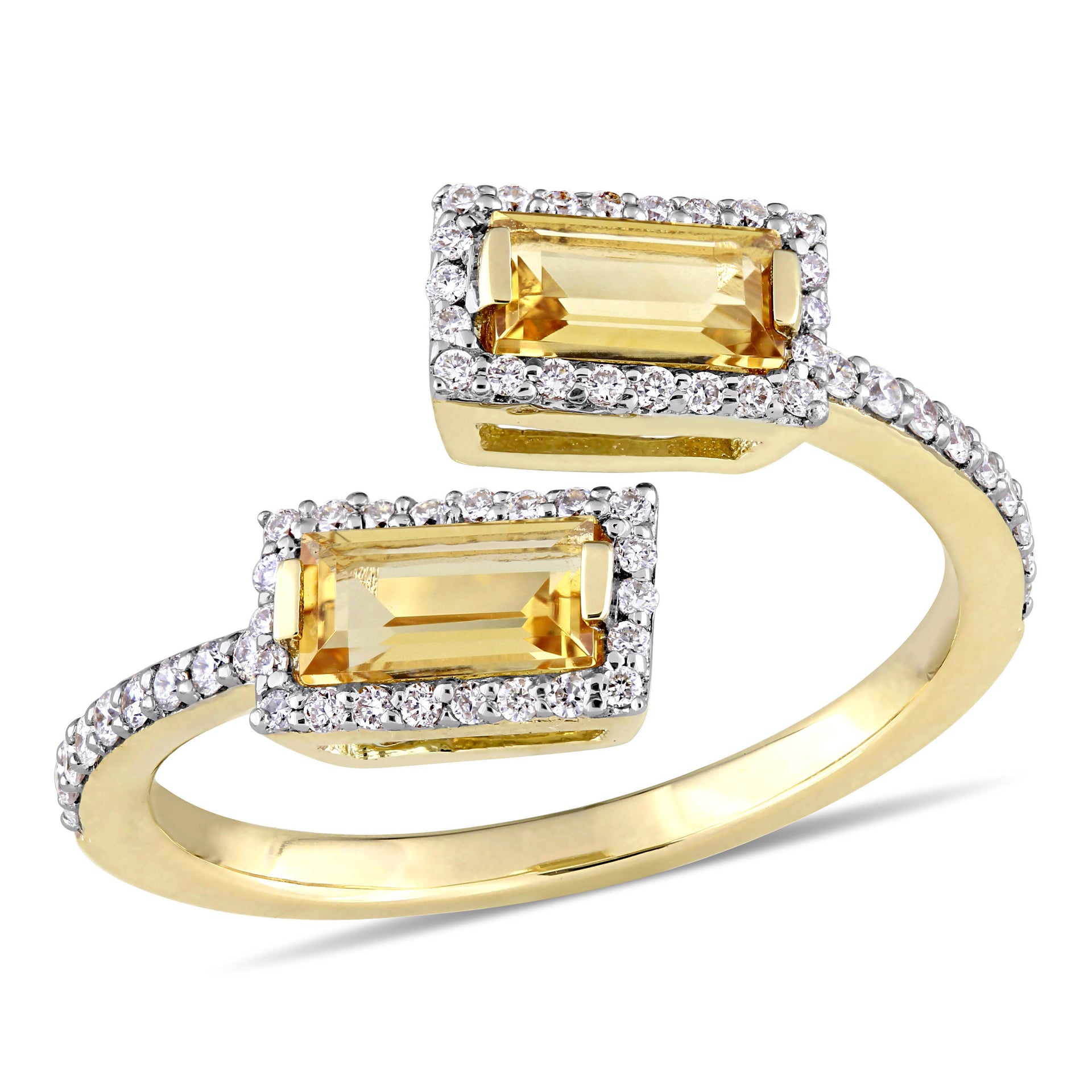 3/4 CT TGW Baguette Cut Citrine and 1/4 CT TW Diamond Open Ring in 14k Yellow Gold