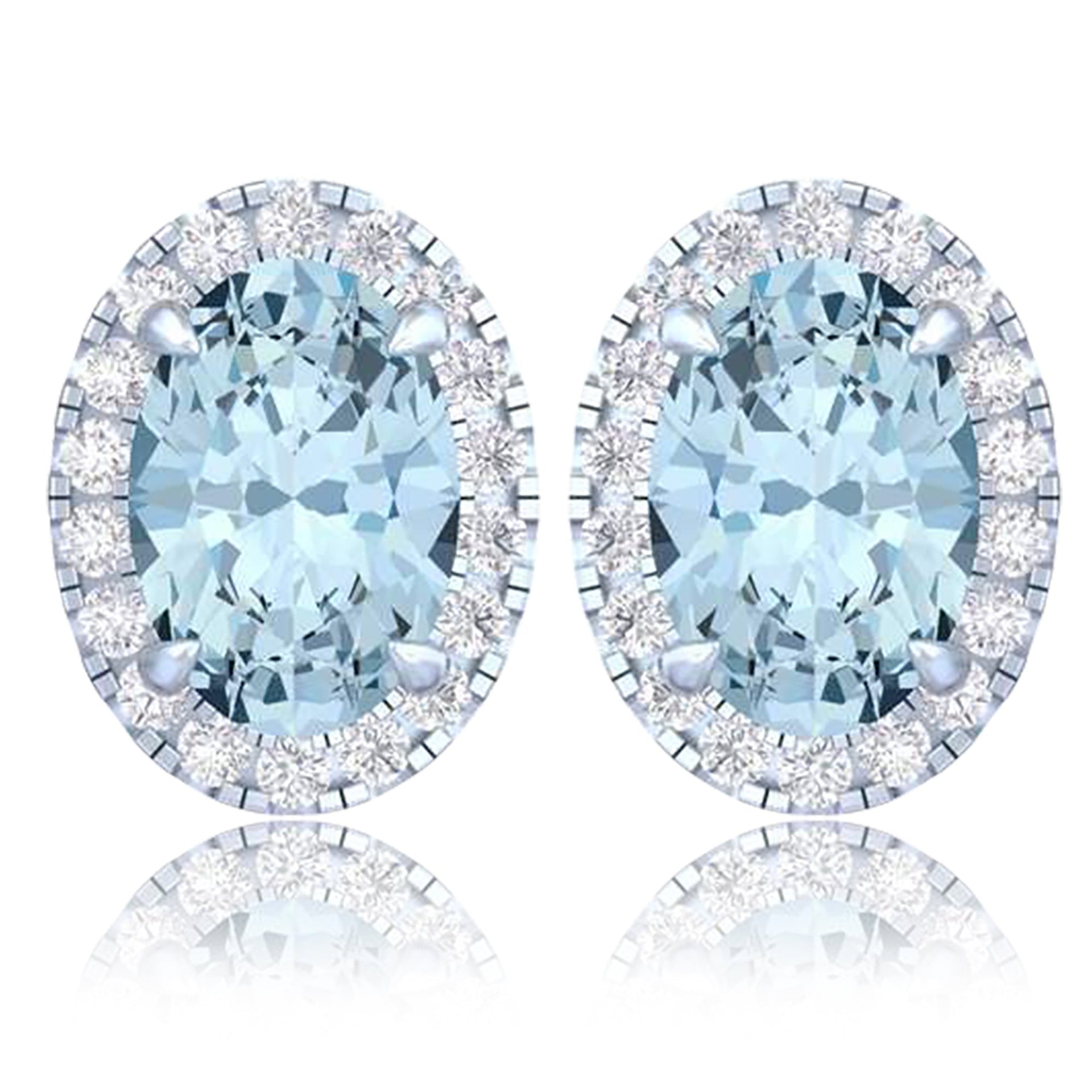 14k White Gold Vivid Blue Oval Cut 3.60 CT Lab-grown Diamond Halo Stud Earrings