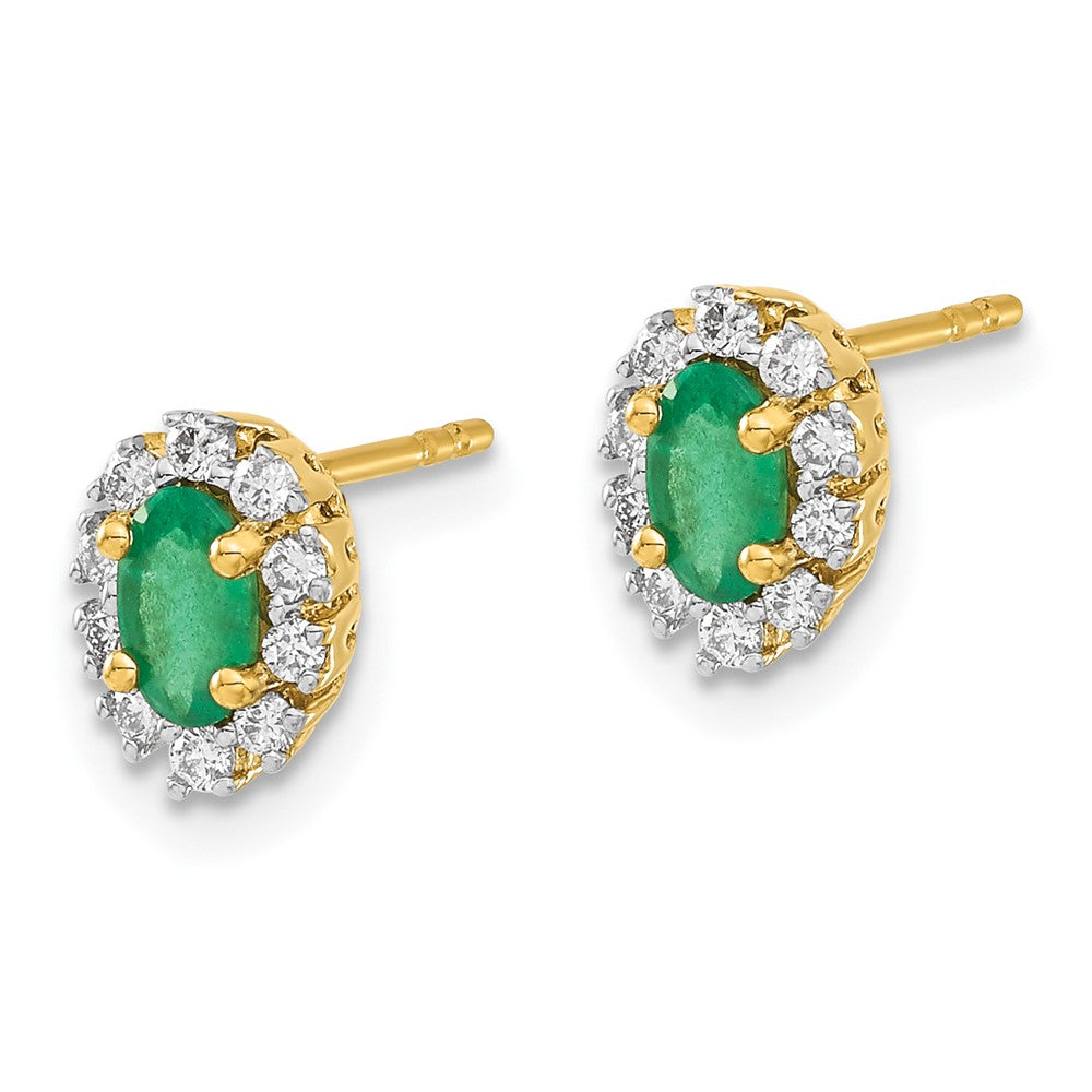 14k Yellow Gold 1/5 CT Lab Grown Diamond And Oval Created Emerald Halo Stud Earrings
