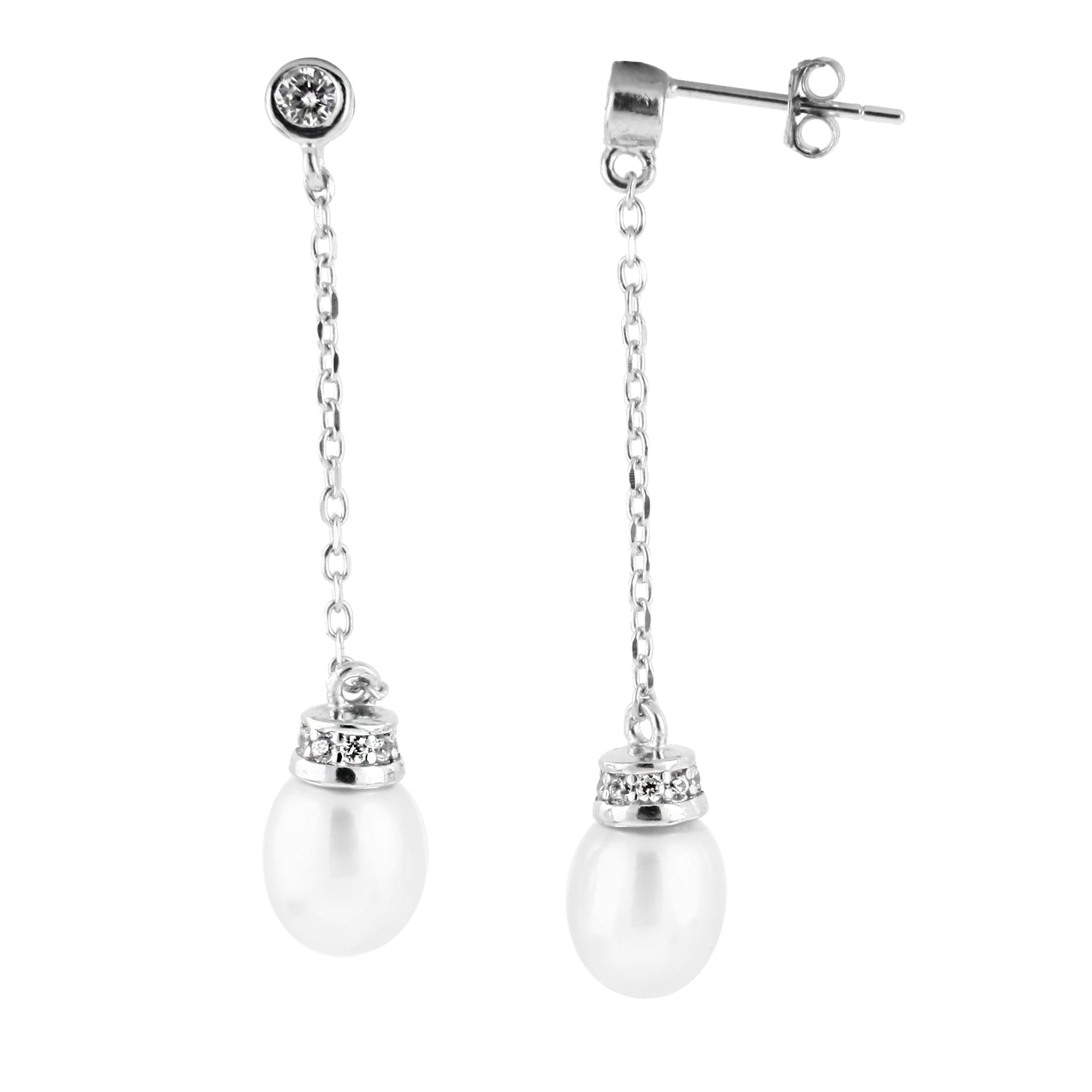 Dangling Sterling Silver 7-7.5mm Freshwater Pearl Earrings