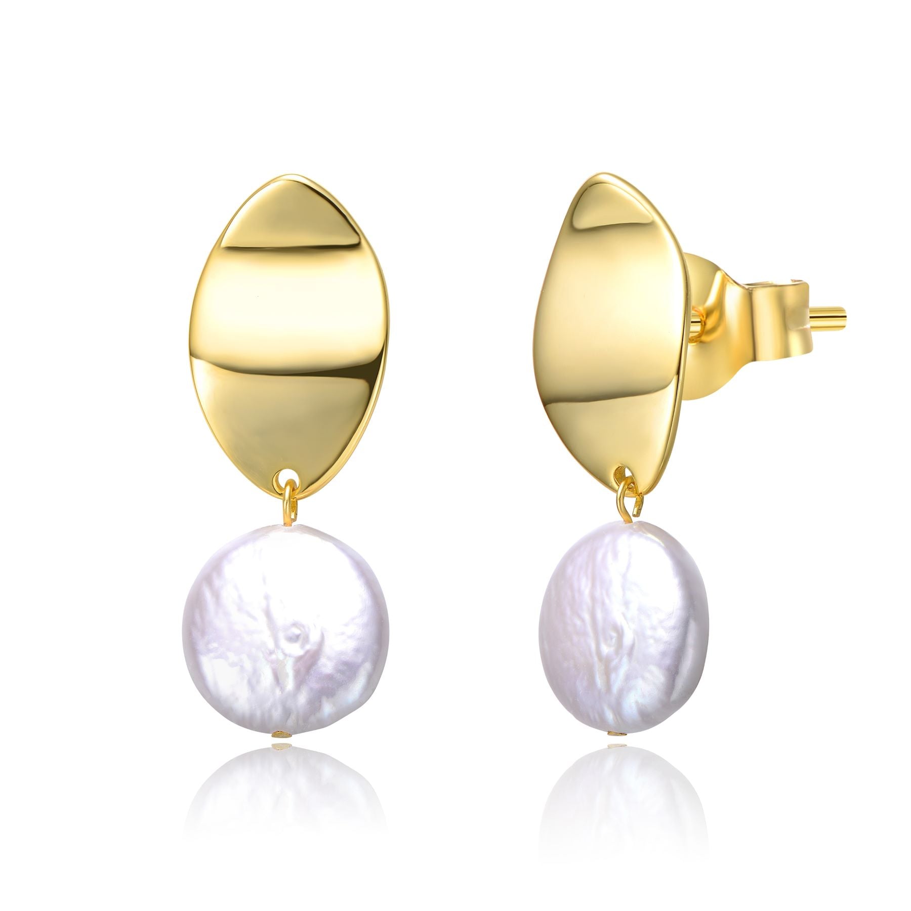 Sterling Silver 14k Yellow Gold Plated with White Coin Pearl Dangle Drop Marquise Medallion Earrings