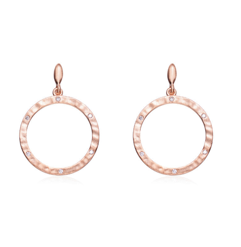 GENEVIVE Sterling Silver Rose Gold Plated Cubic Zirconia Brushed Circle Earrings