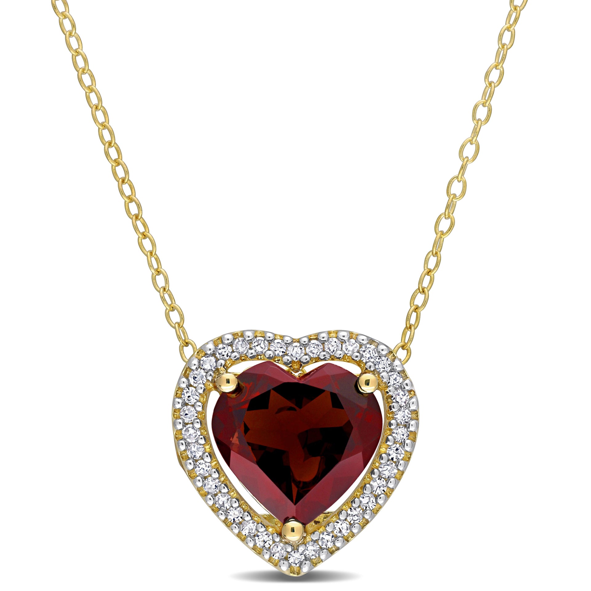 3 4/5 CT TGW Garnet and 1/5 TW Diamond Halo Heart Necklace with Chain in Yellow Plated Sterling Silver