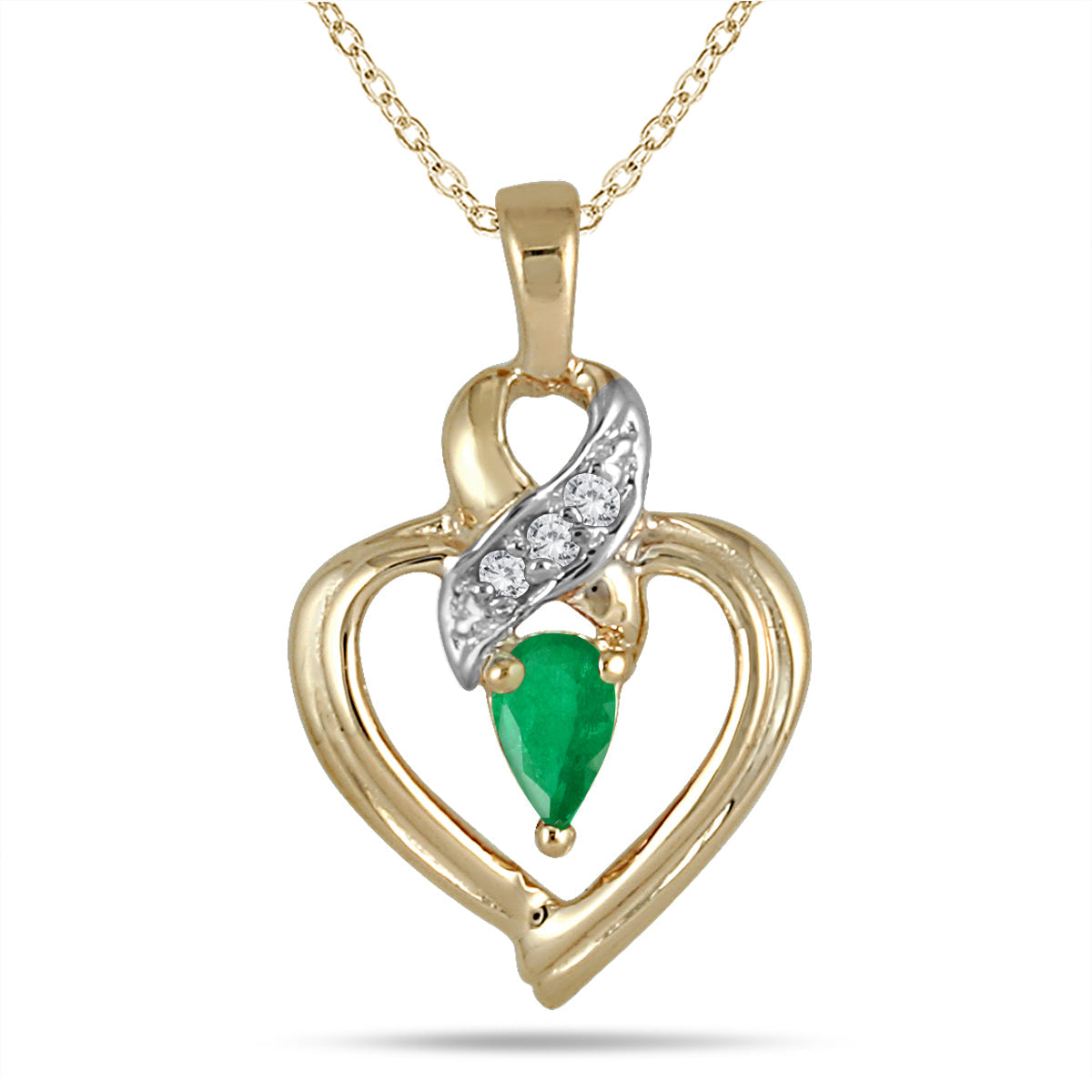 Pear Shaped Emerald And Diamond Ribbon Heart Pendant In 10K