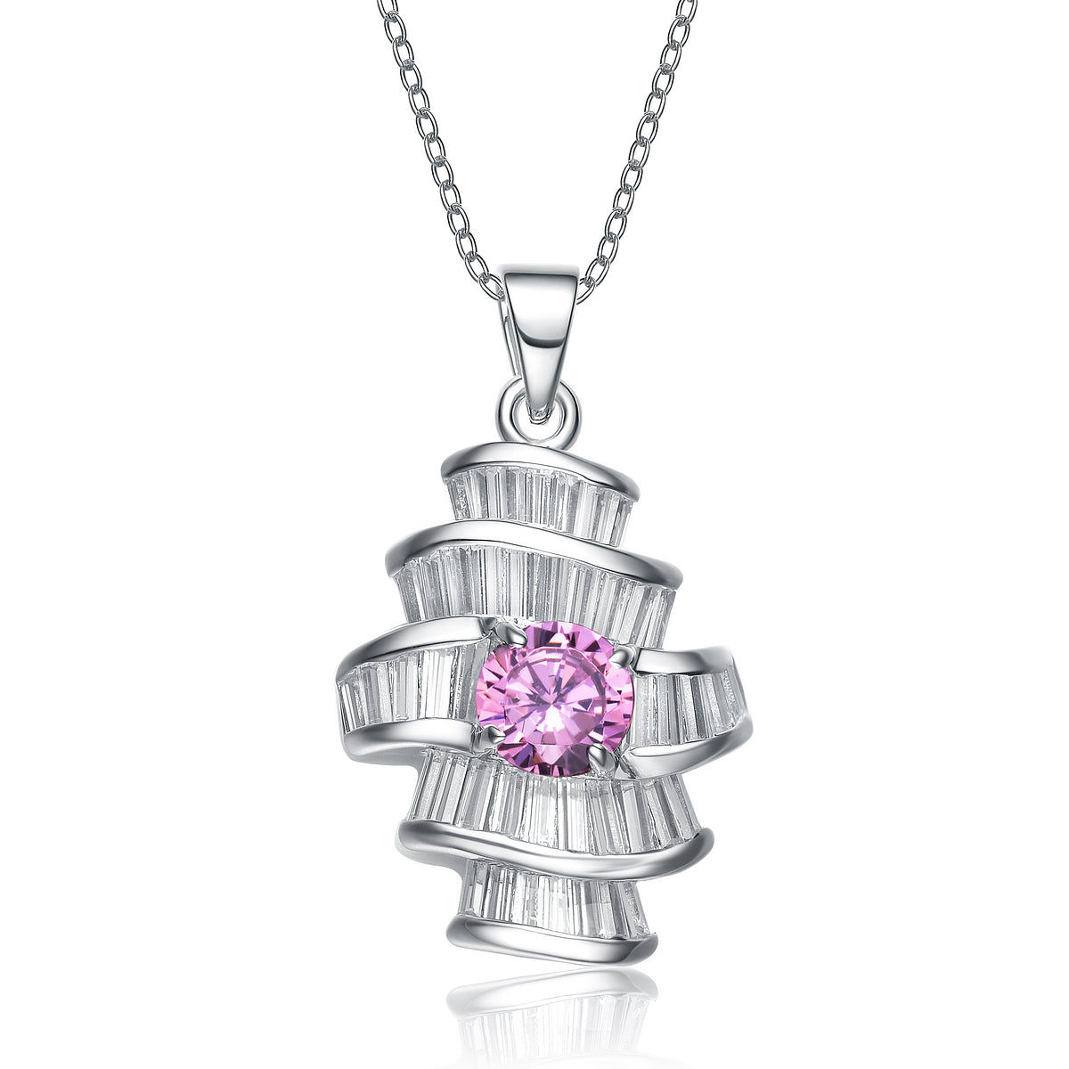 Gv Sterling Silver Clear And Pink Cubic Zirconia Solitaire Necklace