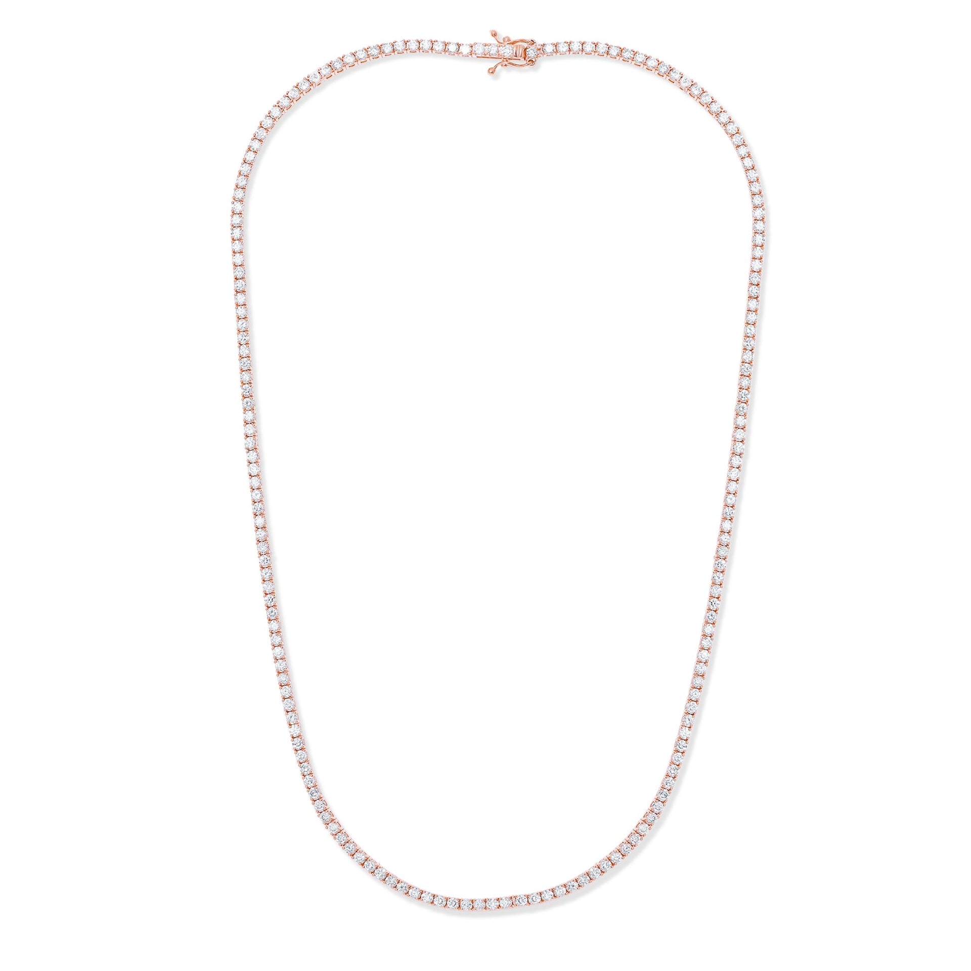 14kt rose gold, 16' 4 prong diamond tennis necklace featuring 8.00 cts tw round diamonds