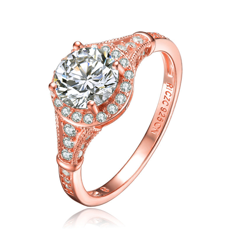 GENEVIVE Sterling Silver Rose Gold Plated Cubic Zirconia Halo Engagement Ring