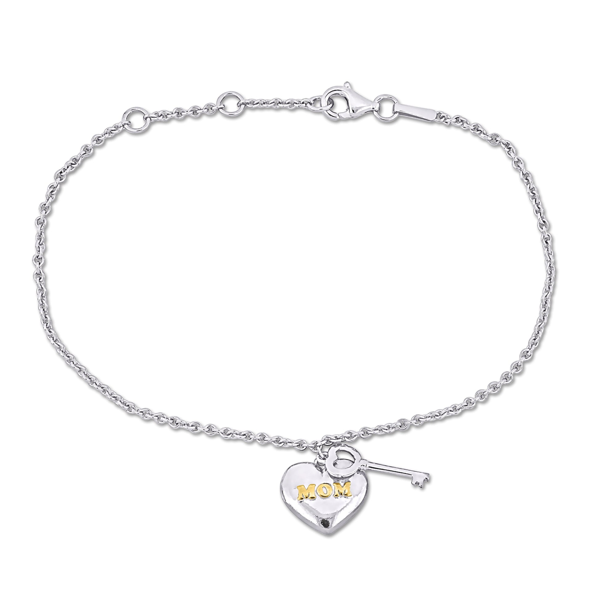 Mimi & Max Silver Charm Bracelet w/18K Yellow Gold Plated 'Mom' Heart & Key Charm