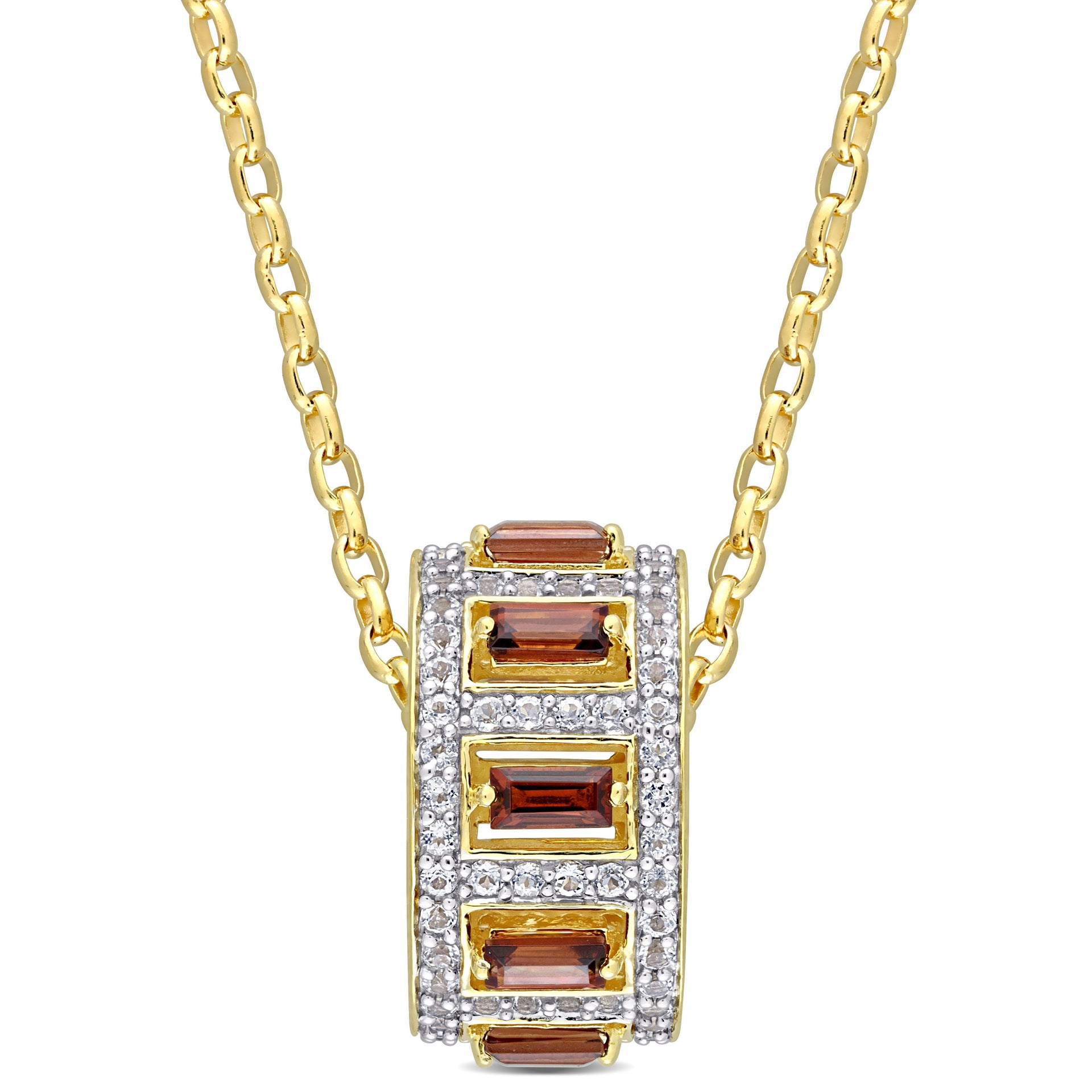 2 1/2 CT TGW Baguette Garnet and White Topaz Pendant with Chain in Yellow Plated Sterling Silver