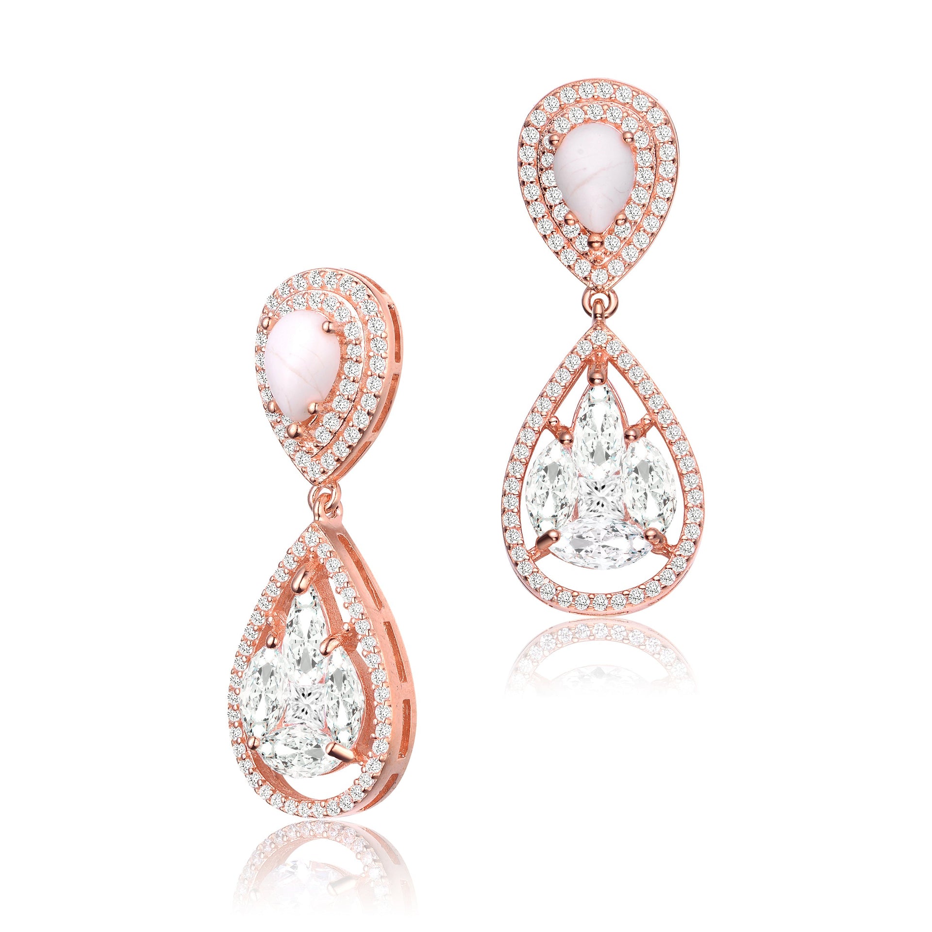Sterling Silver Rose Gold Plated Howlite Cubic Zirconia Halo Drop Earrings