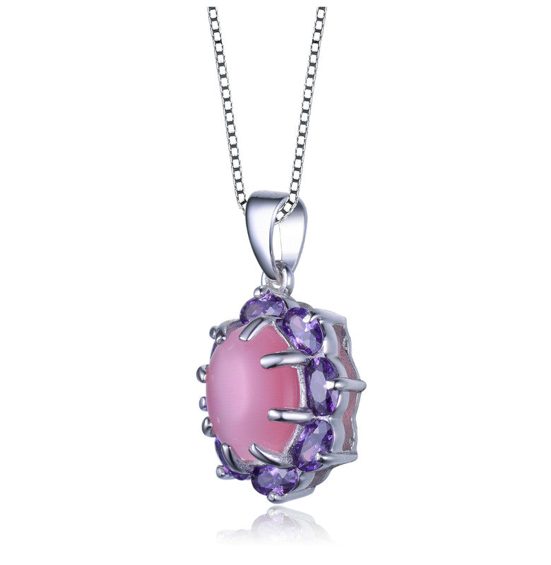 Sterling Silver Purple Cubic Zirconia And Pink Glass Oval Necklace