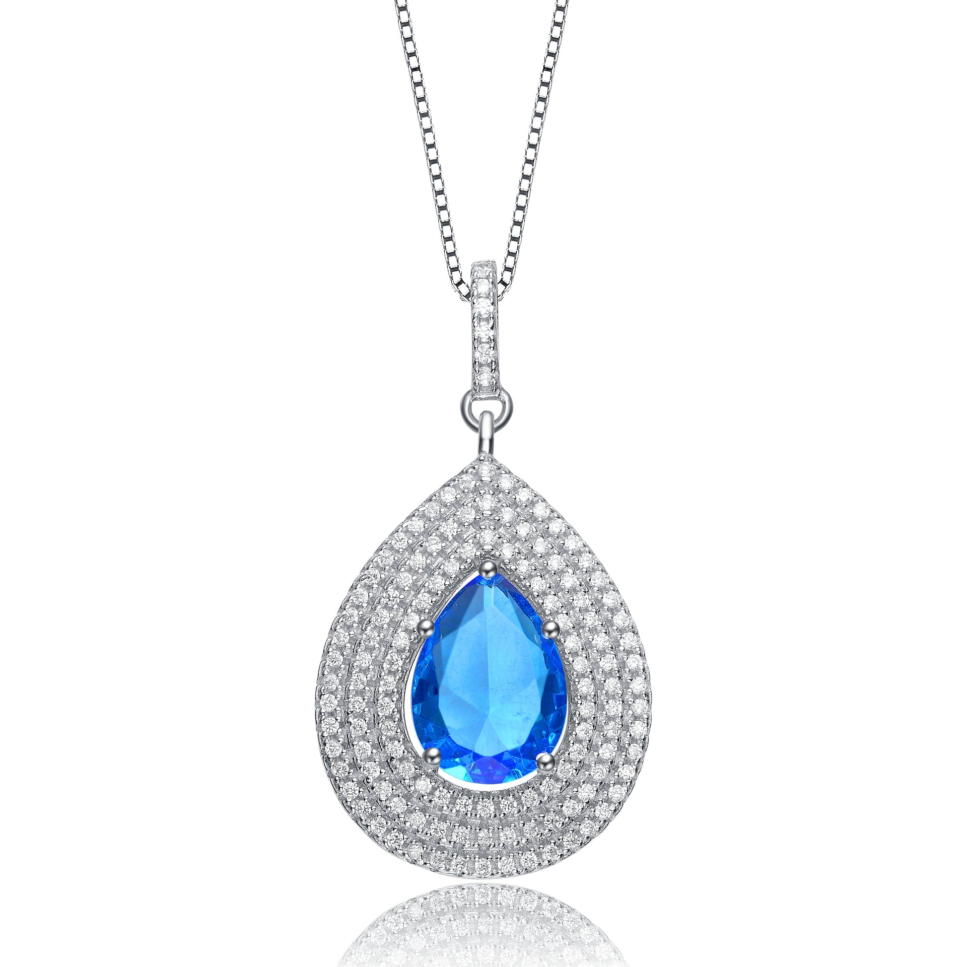 Sterling Silver Light Blue Oval Teardrop White Cubic Zirconia Pendant
