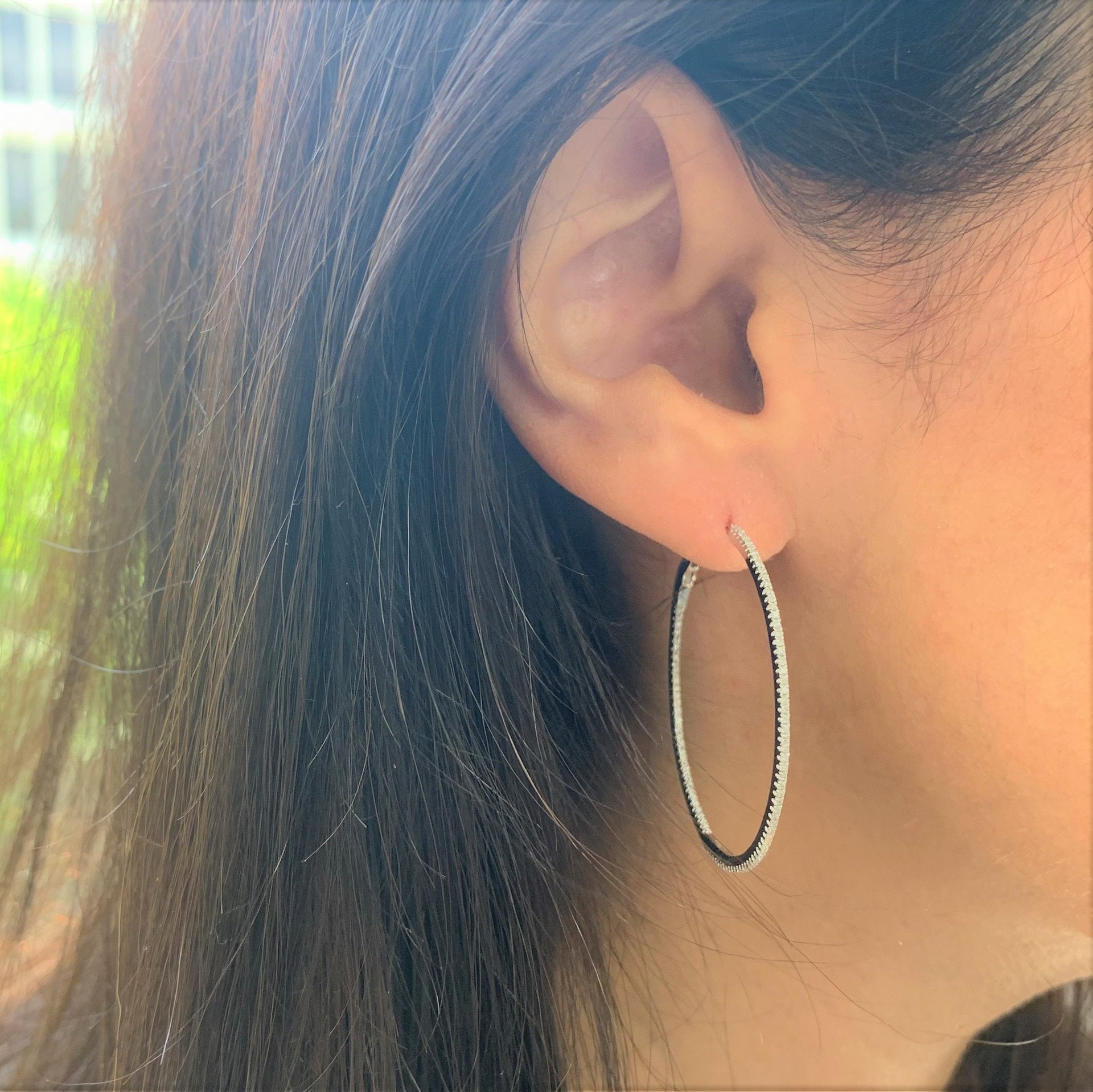 14k Gold & Diamond Skinny Hoop Earrings 1.5'