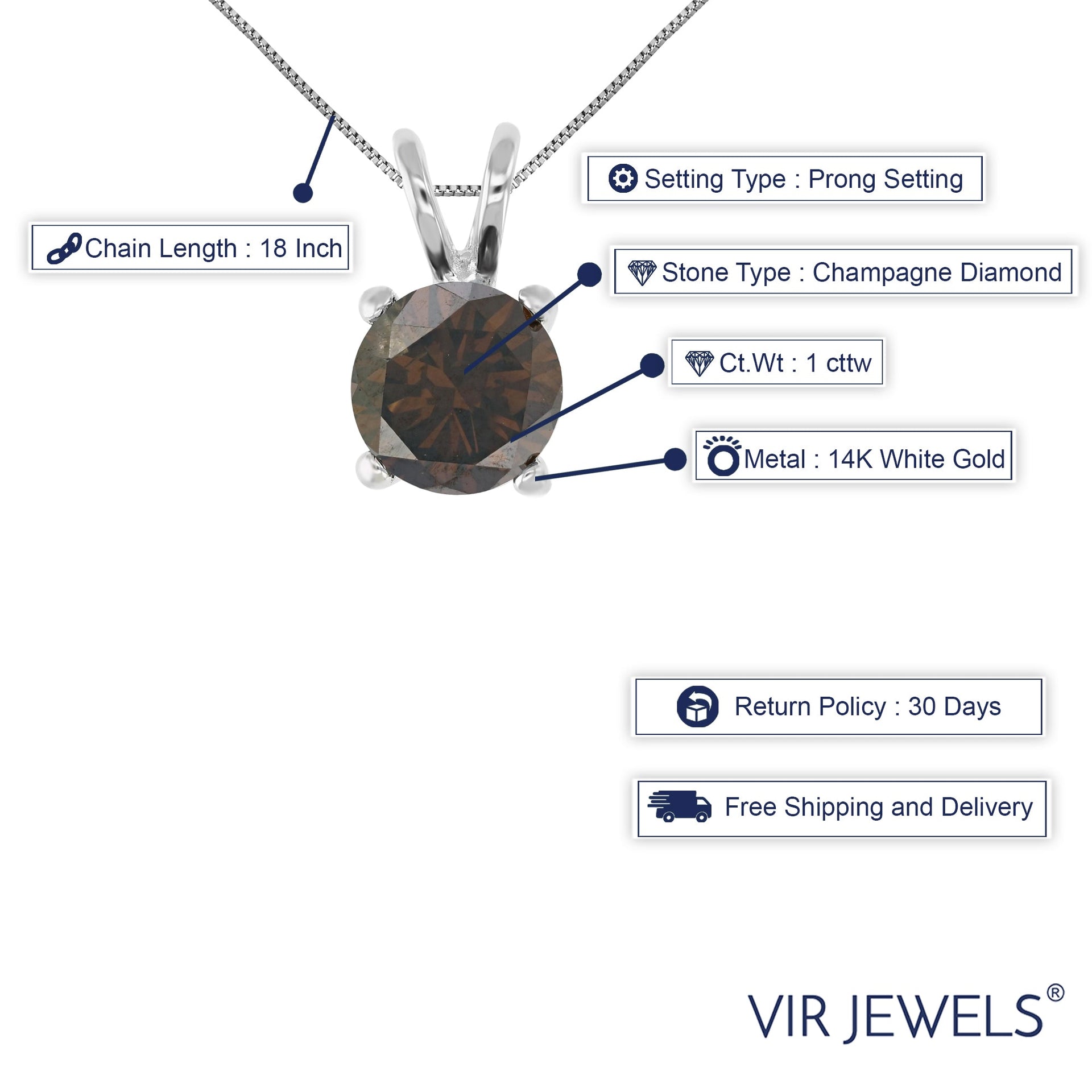 1 cttw Champagne Diamond Solitaire Pendant 14K White Gold Round with Chain