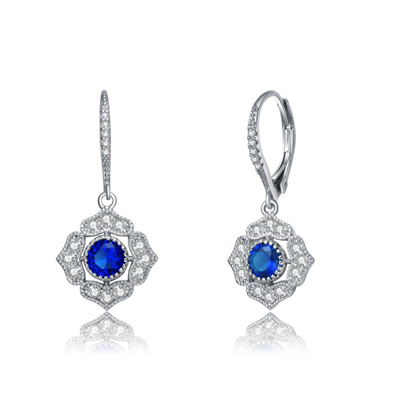 Genevive Jewelry Sterling Silver Sapphire Cubic Zirconia Petal Flower Drop Earrings