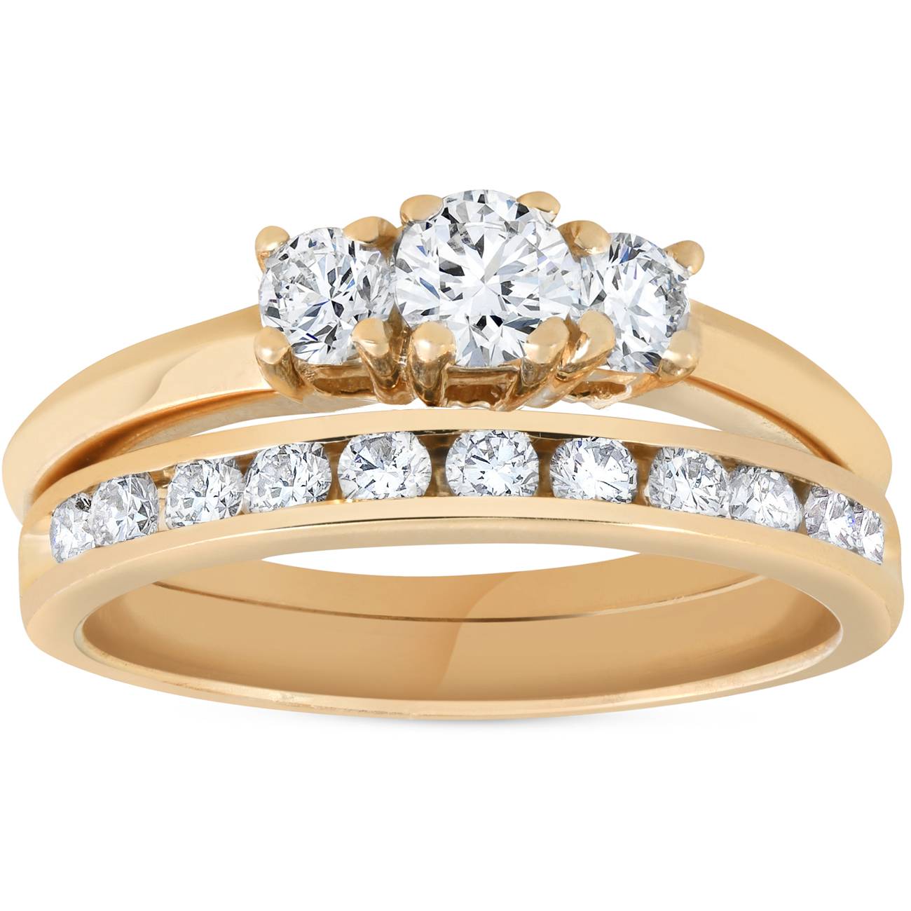 14k Yellow Gold 1ct Diamond Engagement Wedding Ring Set 3 Stone Channel Set Round