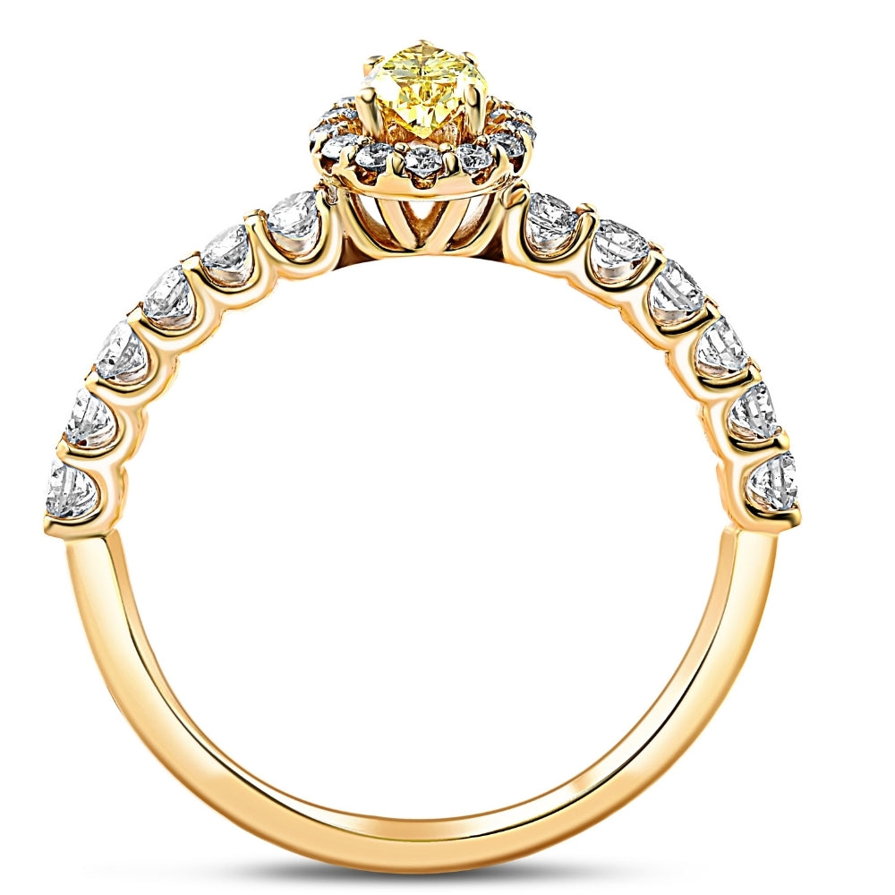 3/4 ct Fancy Yellow Pear Lab Grown Diamond Halo Engagement Ring Yellow Gold