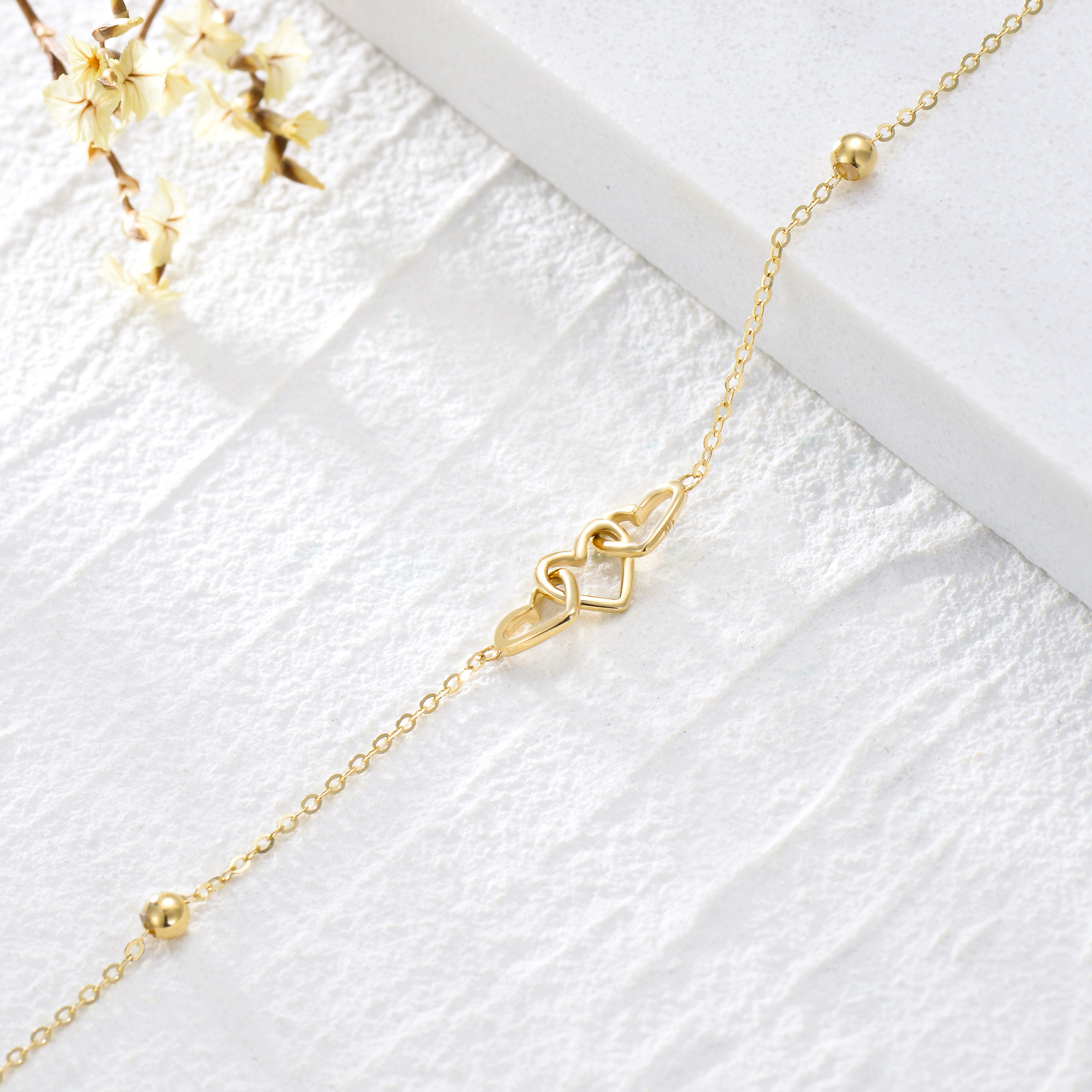 9K Yellow Gold Heart With Heart Bead Charm Bracelet For Women