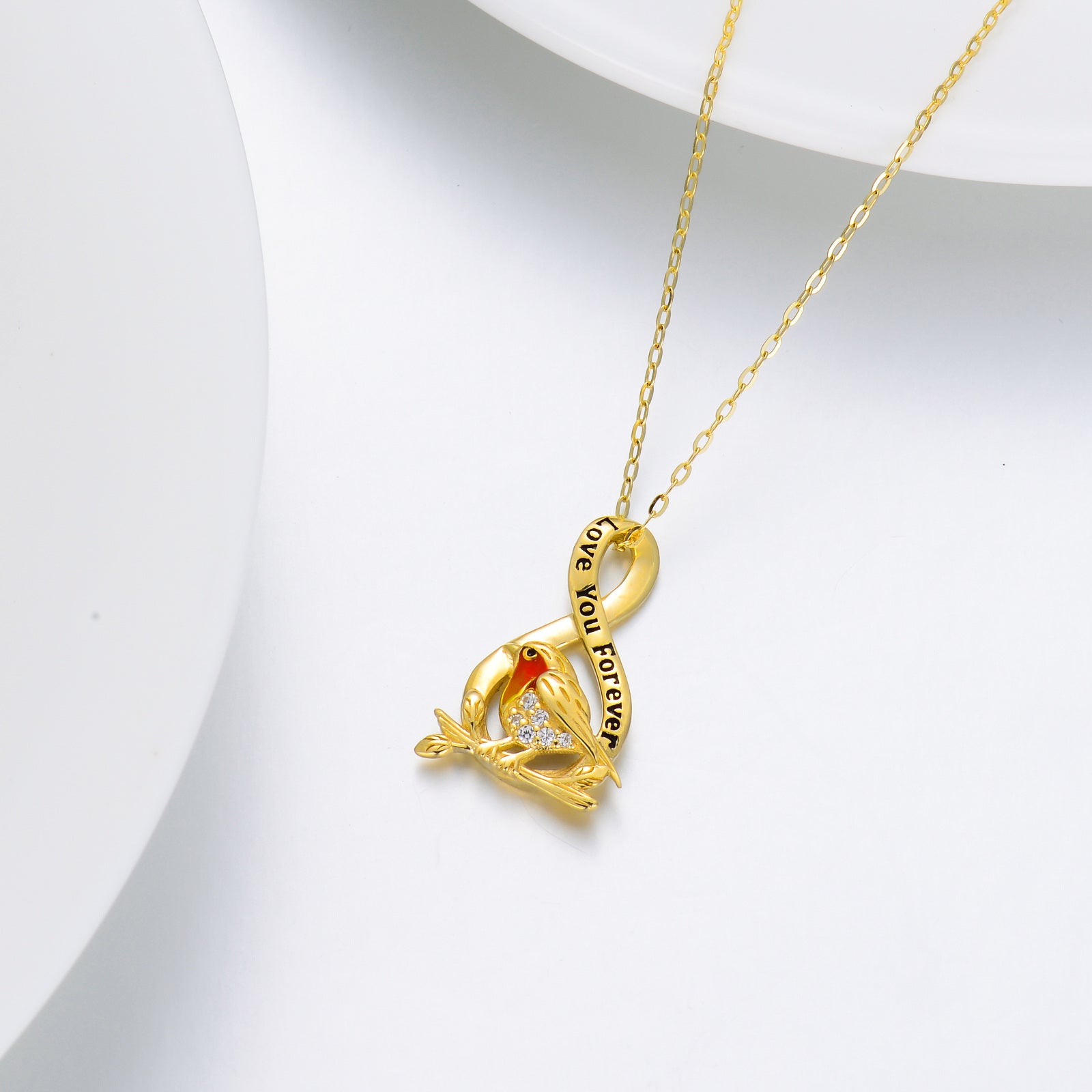 9K Gold Cubic Zirconia Bird & Infinity Symbol Pendant Necklace with Engraved Word