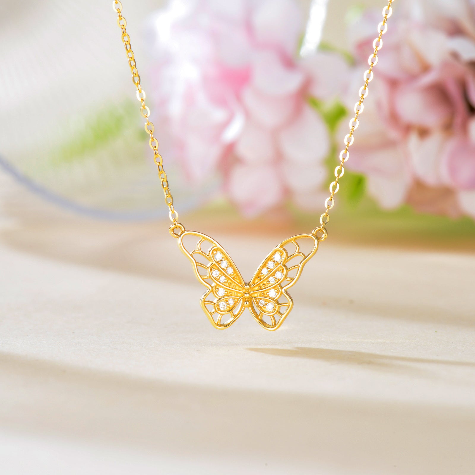 9K Gold Cubic Zirconia Butterfly Pendant Necklace
