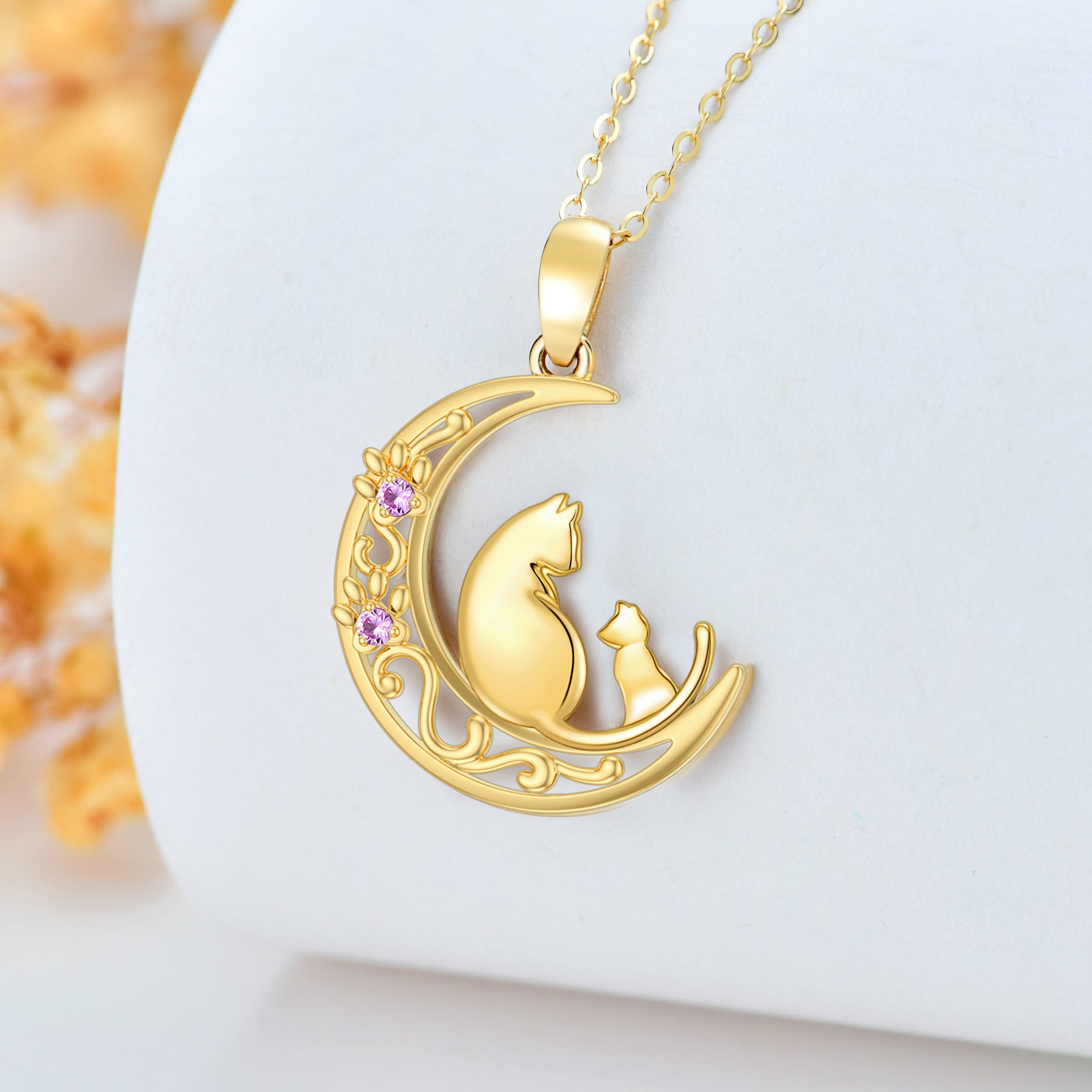 14K Gold Cubic Zirconia Cat Paw And Moon Pendant Necklace For Women