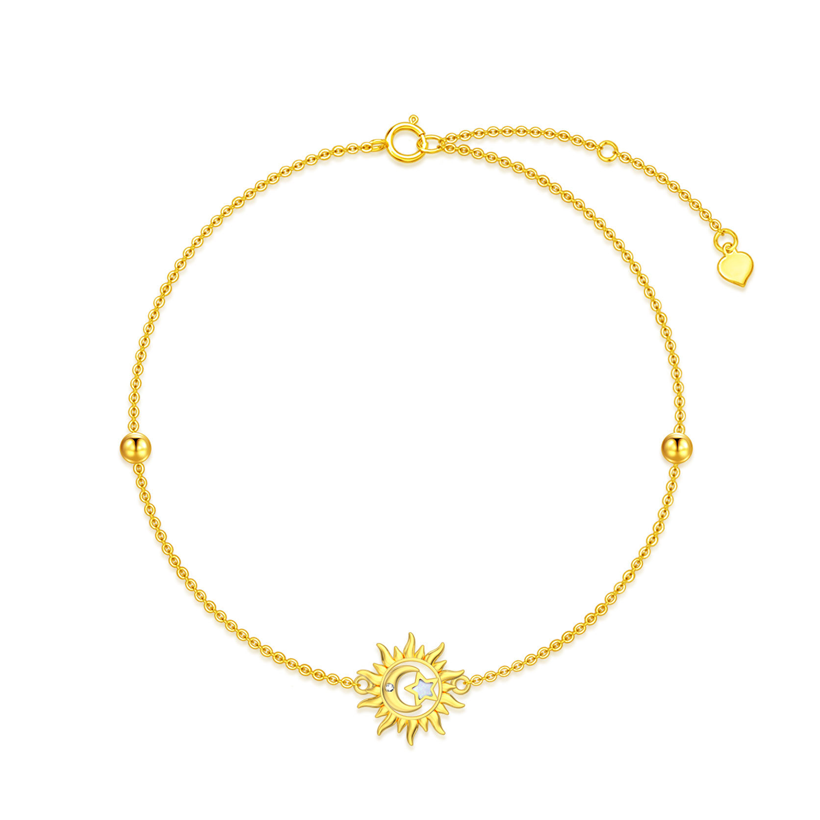 9K Gold Circular Opal With Diamond Moon & Sun Charm Bracelet For Women