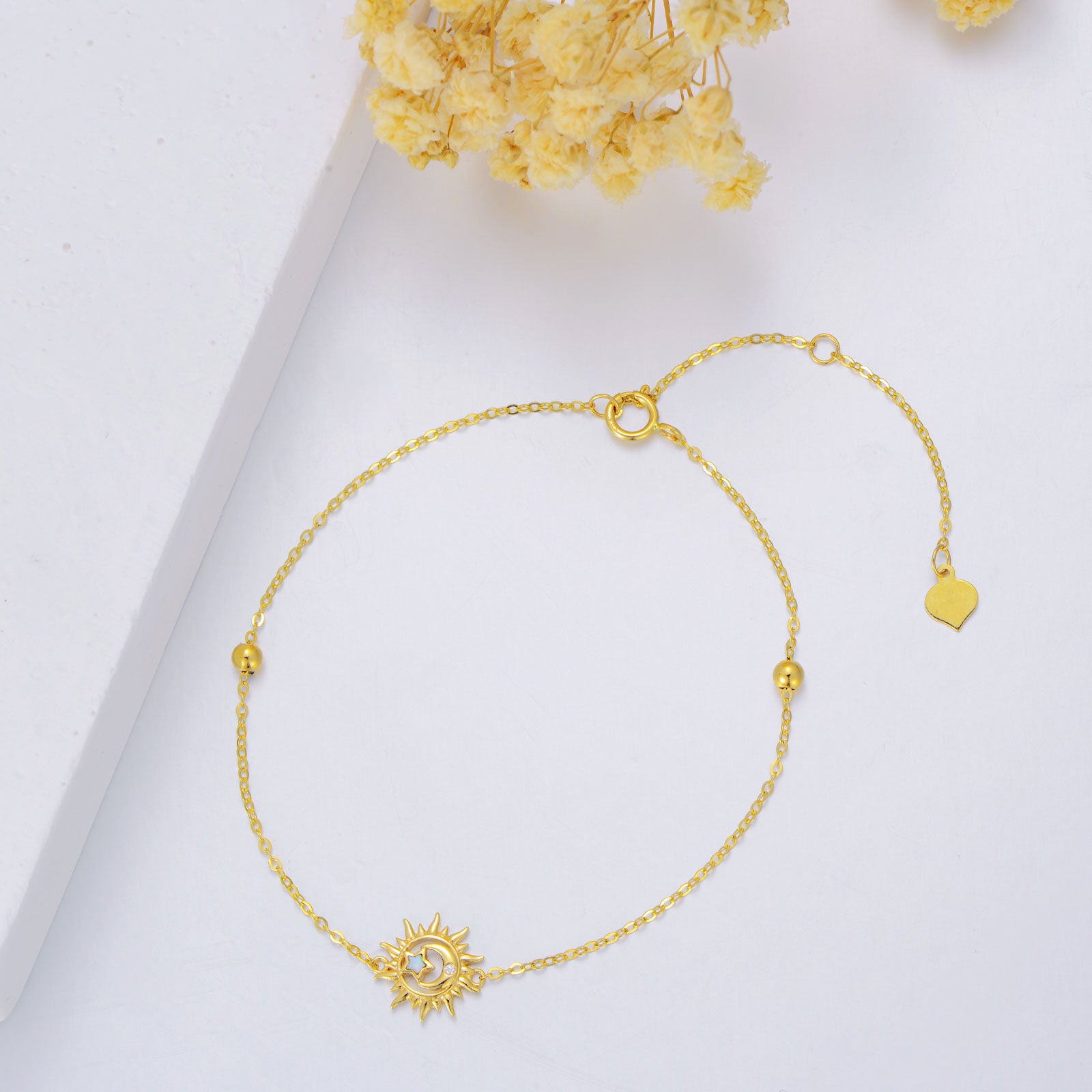 9K Gold Circular Opal With Diamond Moon & Sun Charm Bracelet For Women