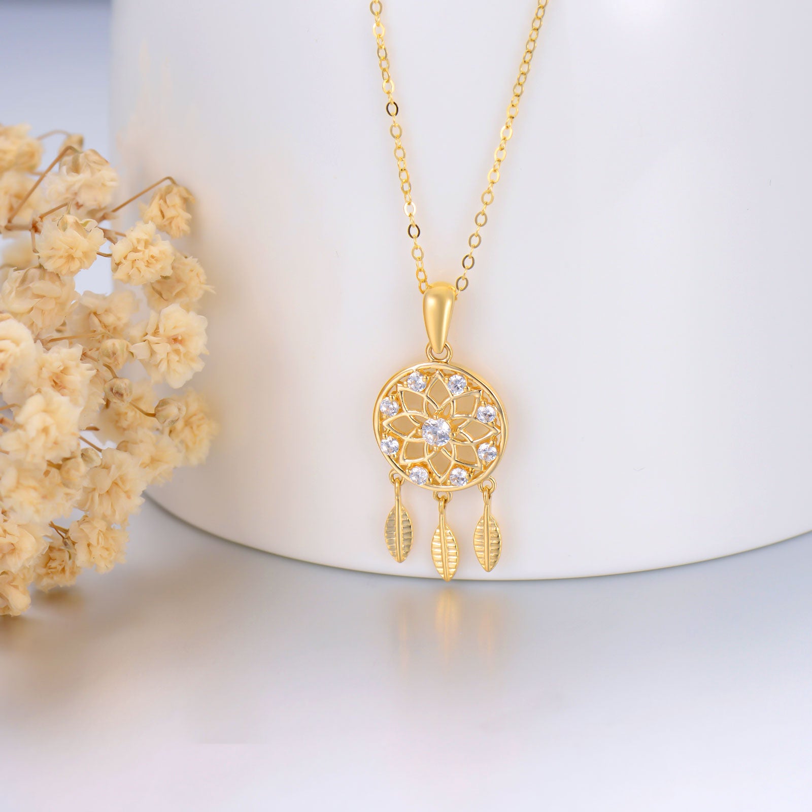 9K Gold Circular Shaped Cubic Zirconia Dream Catcher Pendant Necklace