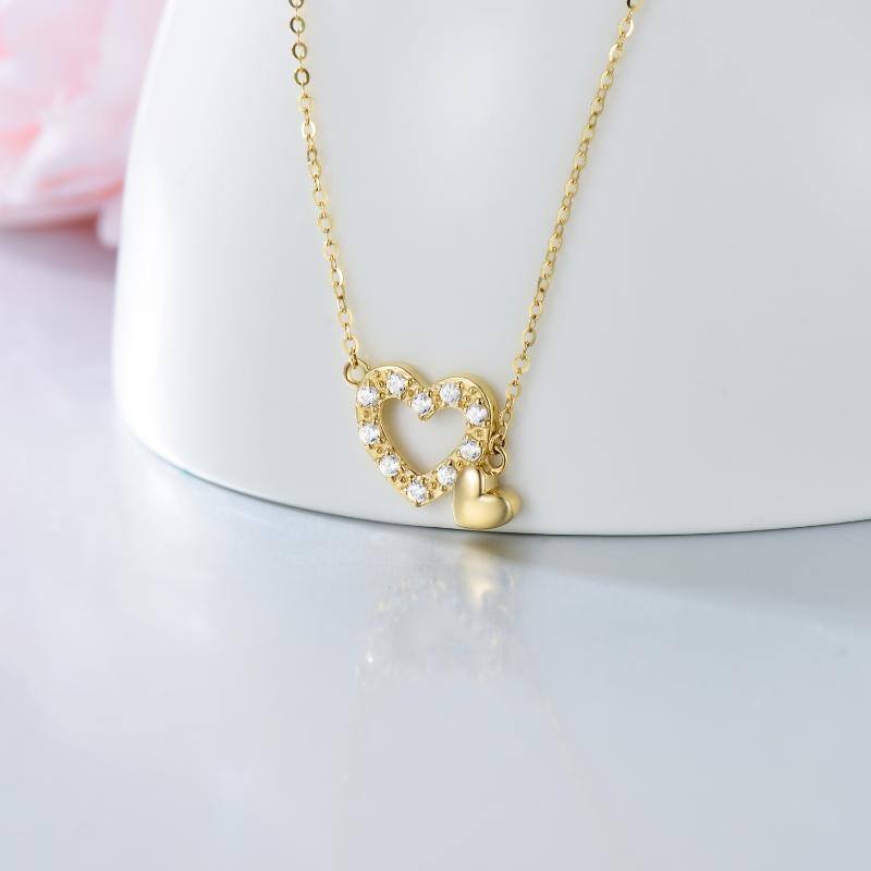 9K Gold Circular Shaped Cubic Zirconia Heart Pendant Necklace