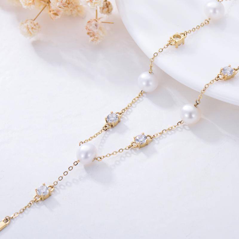 9K Gold Circular Shaped Cubic Zirconia & Pearl Non-adjustable Y-Necklace