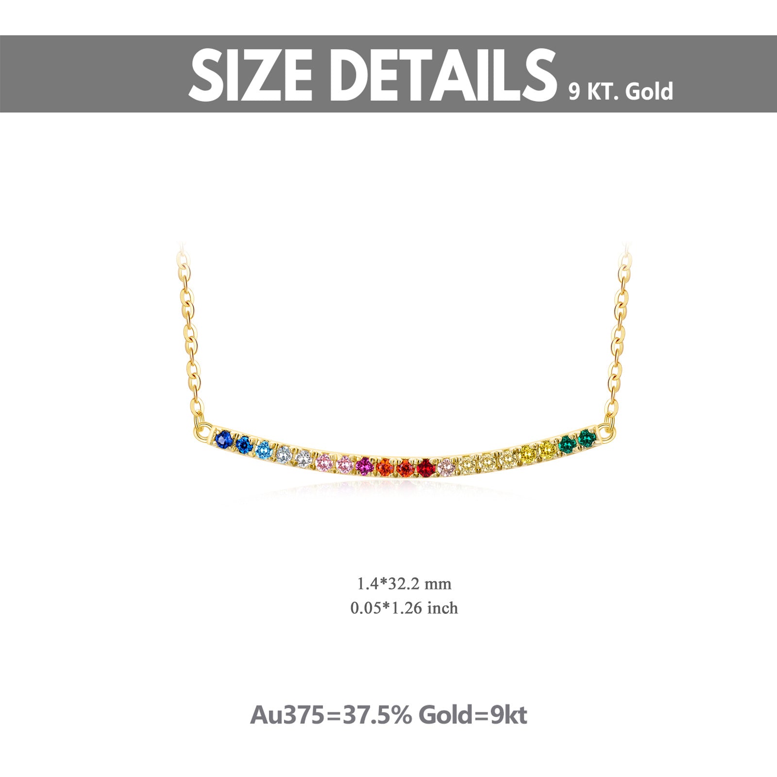 9K Gold Circular Shaped Cubic Zirconia Rainbow Bar Necklace