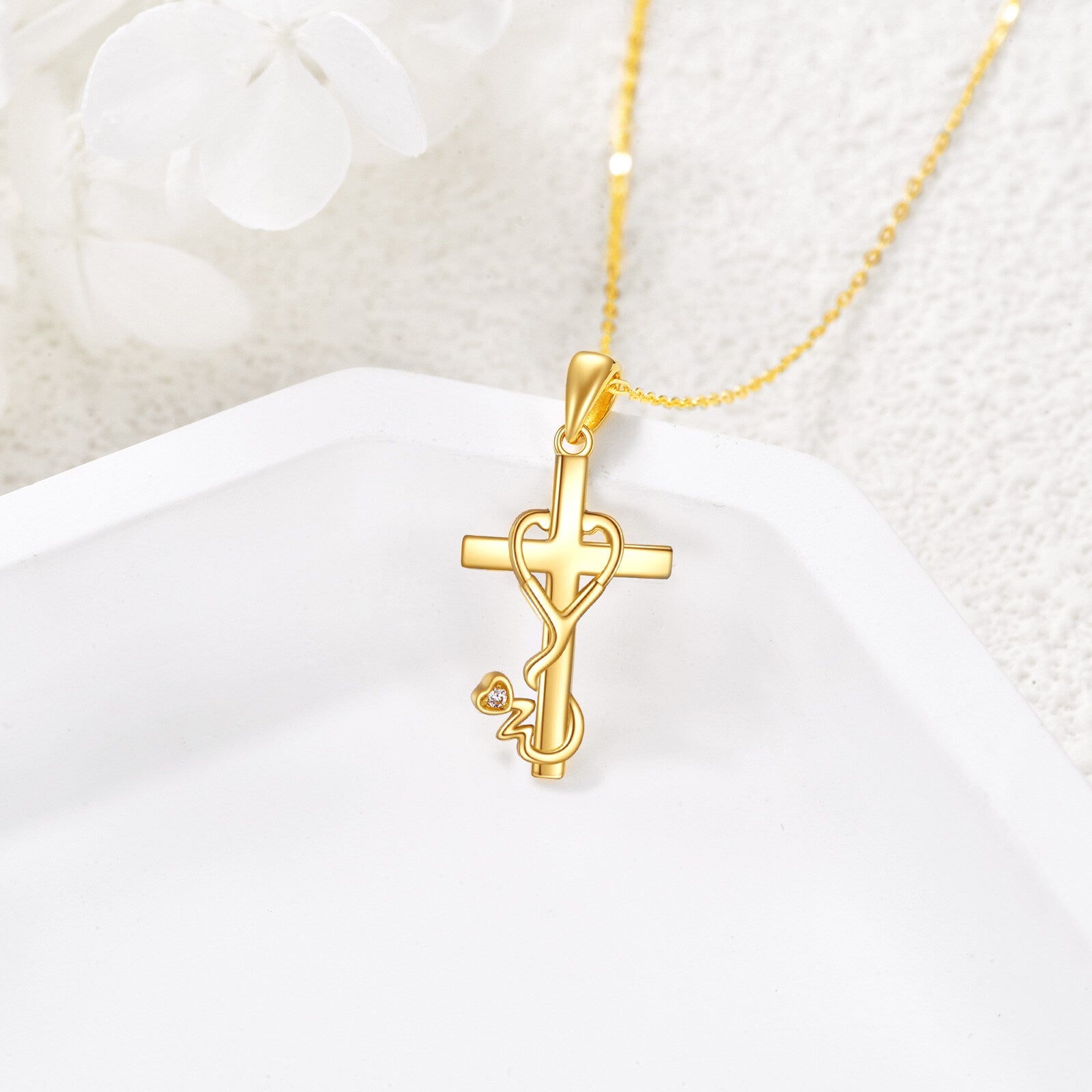 9K Gold Cubic Zirconia Cross & Stethoscope Pendant Necklace For Women