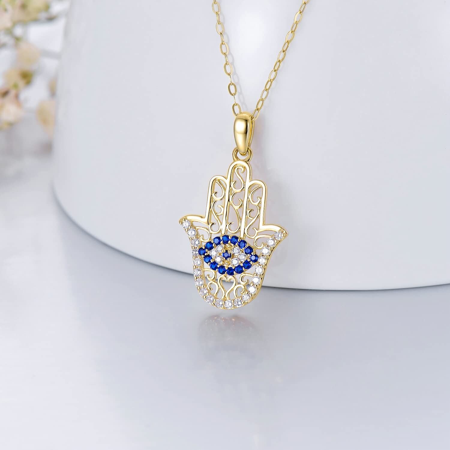 9K Gold Cubic Zirconia Evil Eye & Hamsa Hand Pendant Necklace