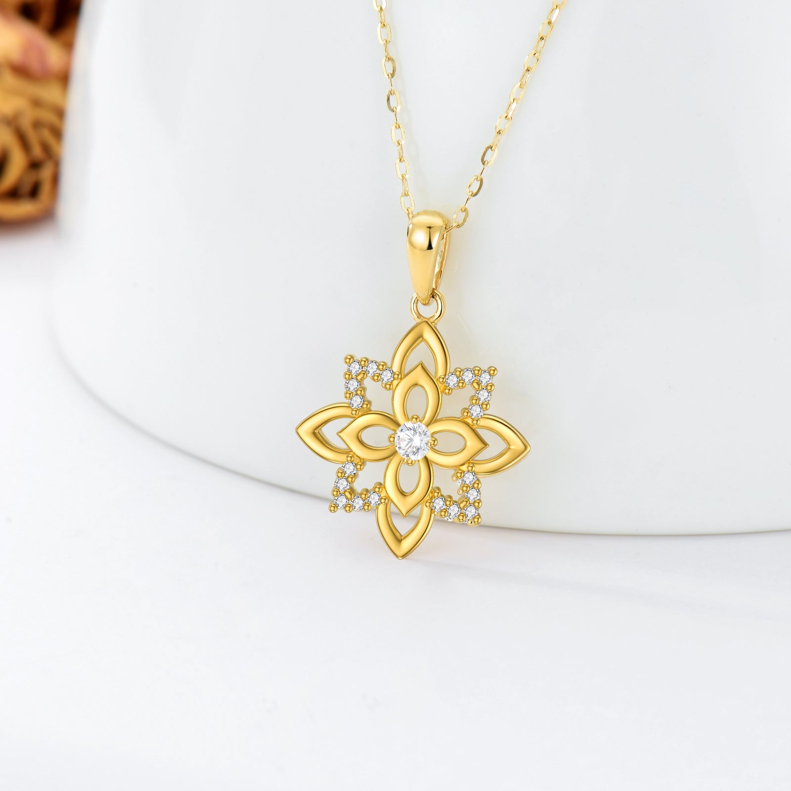 9K Gold Cubic Zirconia Four Leaf Clover & Lotus Pendant Necklace