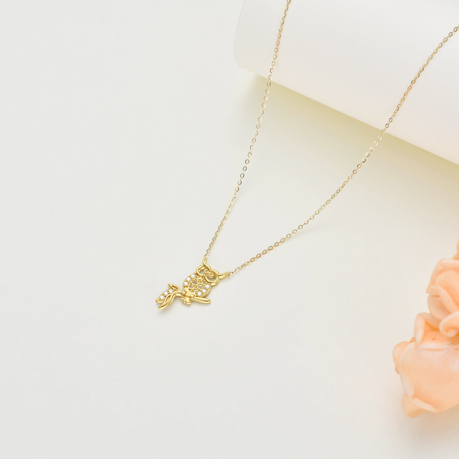 9K Gold Cubic Zirconia Owl Pendant Necklace